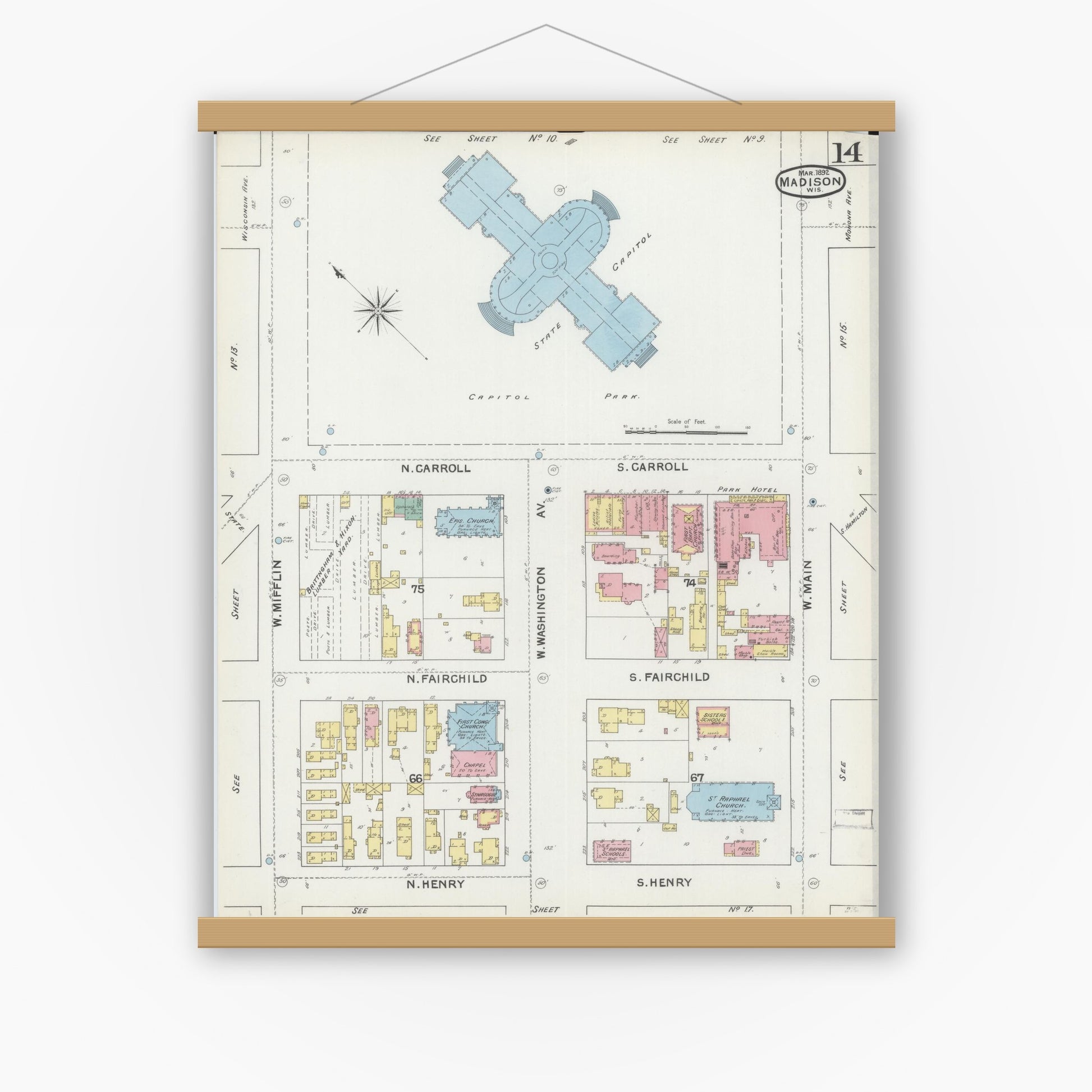 Old map wall art mockup — magnetic wood frame on white wall — Sanborn Fire Insurance Map from Madison, Dane County, Wisconsin (1892), Sheet #0014