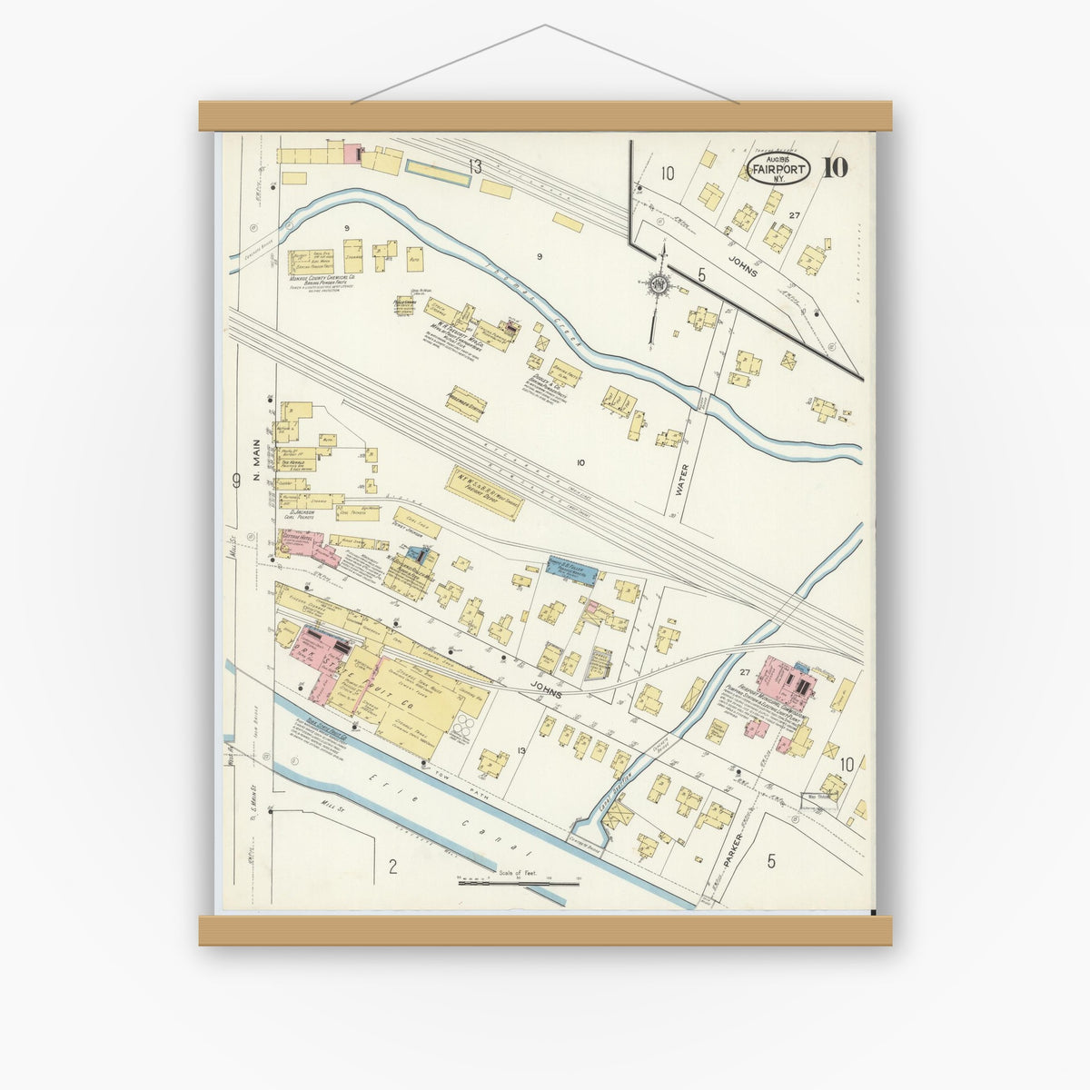 Old map wall art mockup — magnetic wood frame on white wall — Sanborn Fire Insurance Map from Fairport, Monroe County, New York (1915), Sheet #0010