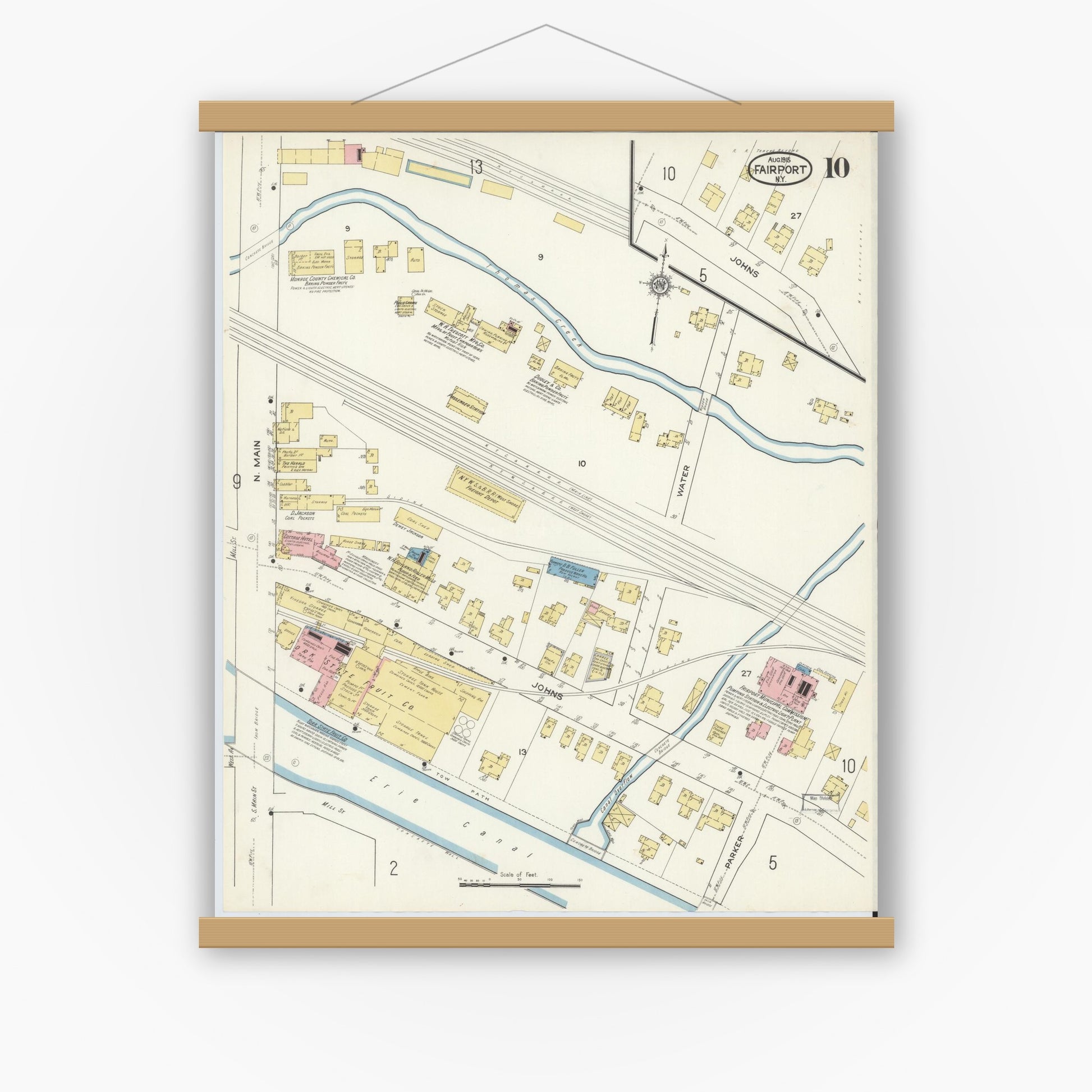 Old map wall art mockup — magnetic wood frame on white wall — Sanborn Fire Insurance Map from Fairport, Monroe County, New York (1915), Sheet #0010