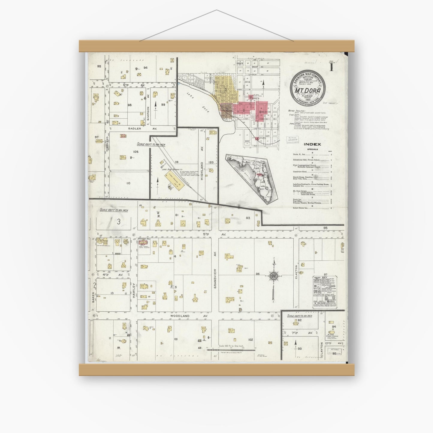 Old map wall art mockup — magnetic wood frame on white wall — Sanborn Fire Insurance Map from Mount Dora, Lake County, Florida (1920) - Complete Map Set