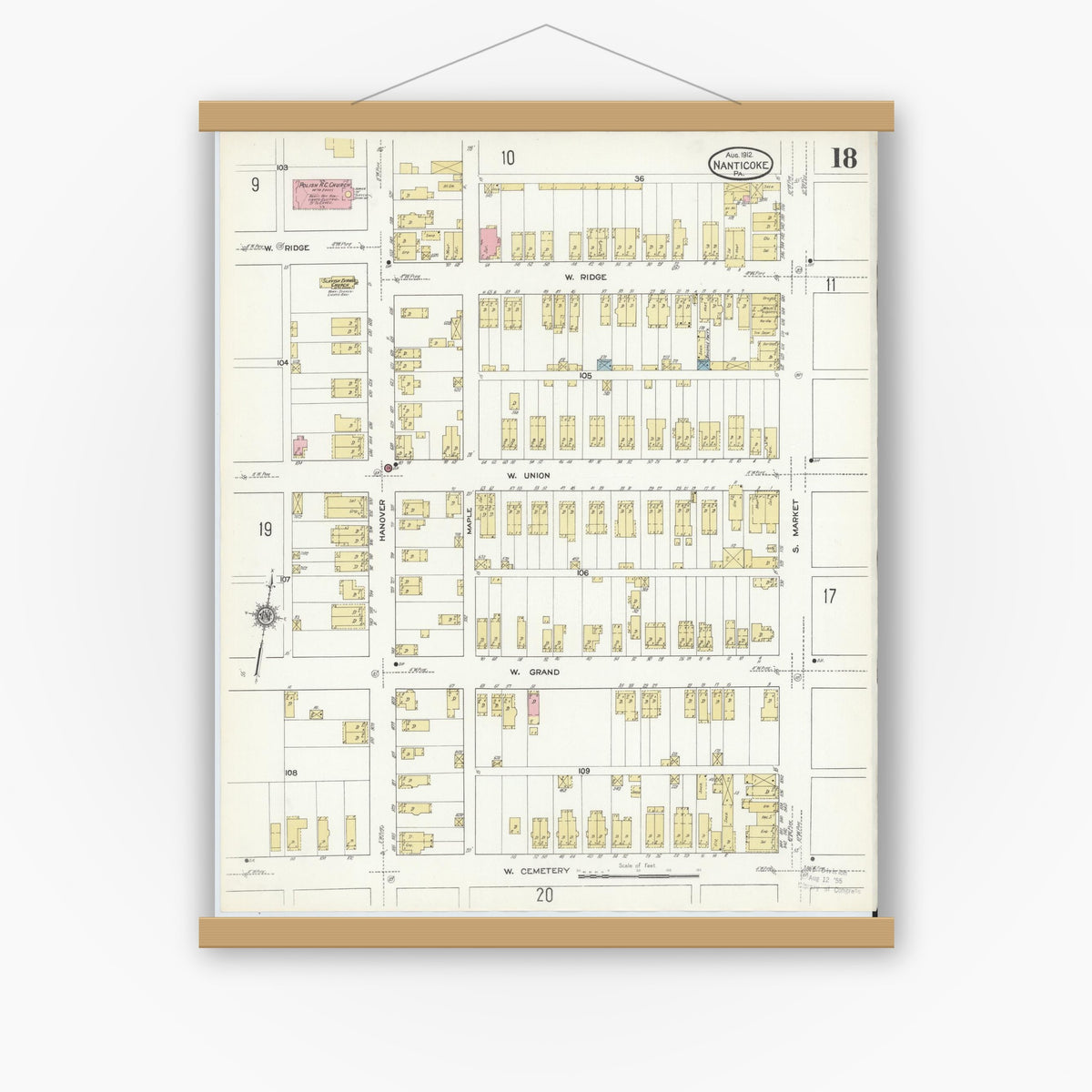 Old map wall art mockup — magnetic wood frame on white wall — Sanborn Fire Insurance Map from Nanticoke, Luzerne County, Pennsylvania (1912), Sheet #0018