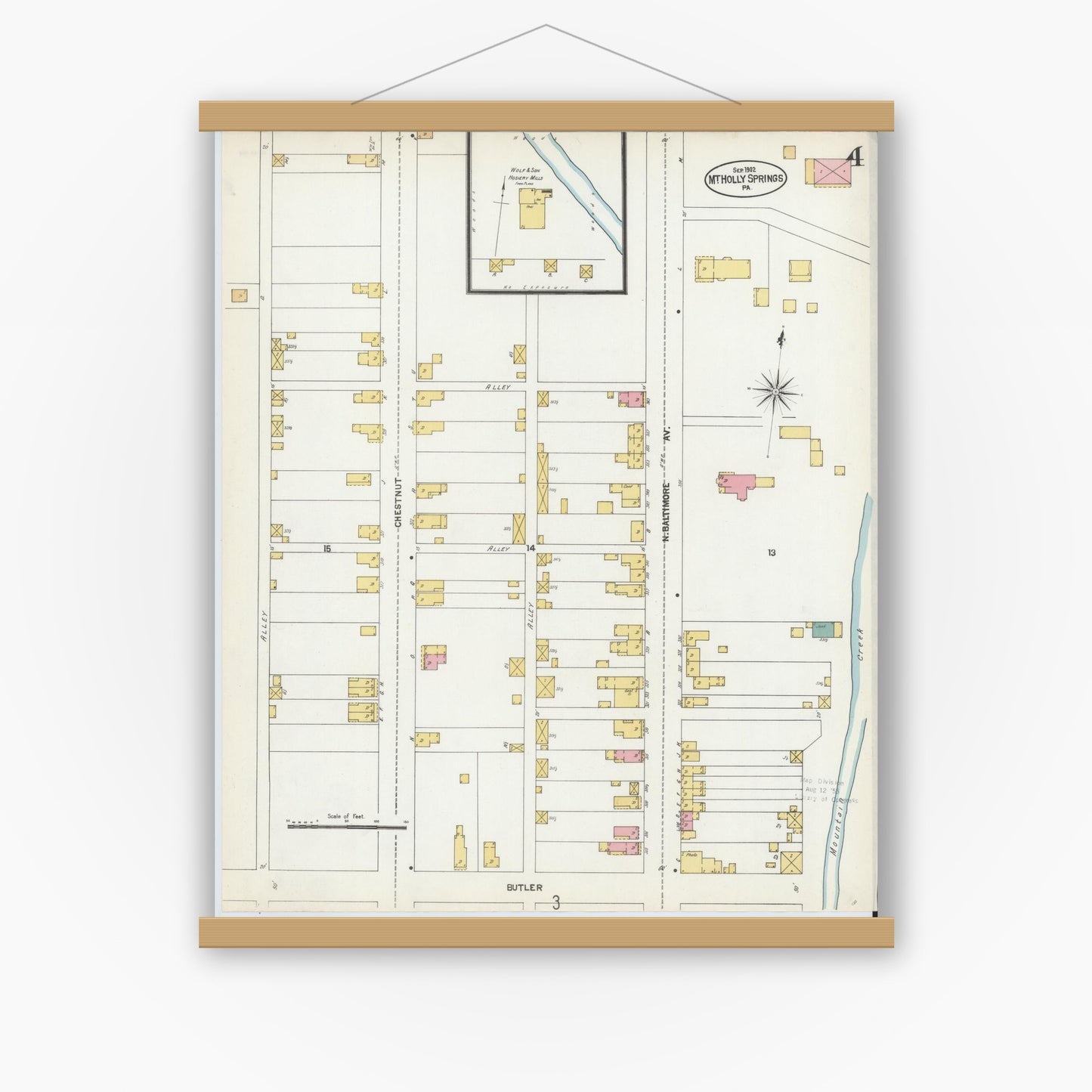 Old map wall art mockup — magnetic wood frame on white wall — Sanborn Fire Insurance Map from Mount Holly Springs, Cumberland County, Pennsylvania (1902), Sheet #0004