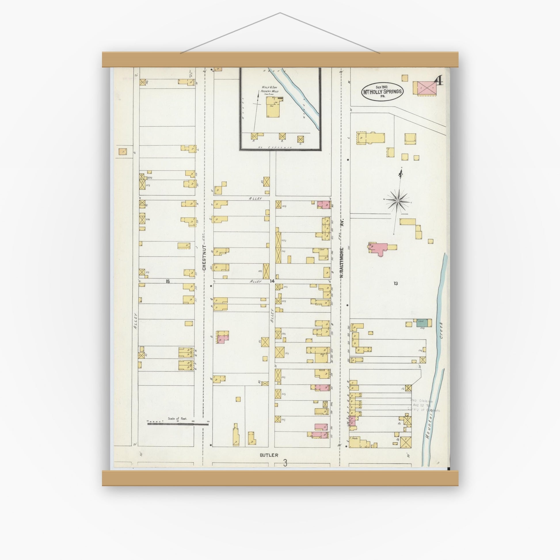 Old map wall art mockup — magnetic wood frame on white wall — Sanborn Fire Insurance Map from Mount Holly Springs, Cumberland County, Pennsylvania (1902), Sheet #0004