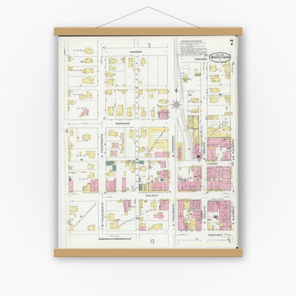 Old map wall art mockup — magnetic wood frame on white wall — Sanborn Fire Insurance Map from Murphysboro, Jackson County, Illinois (1909), Sheet #0007