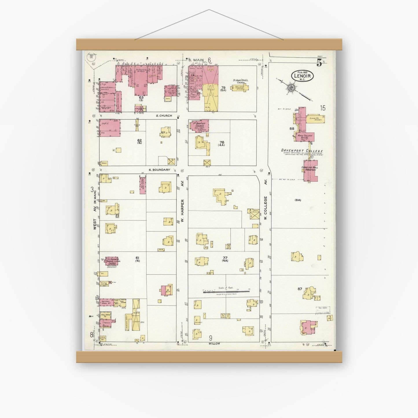 Old map wall art mockup — magnetic wood frame on white wall — Sanborn Fire Insurance Map from Lenoir, Caldwell County, North Carolina (1921), Sheet #0005