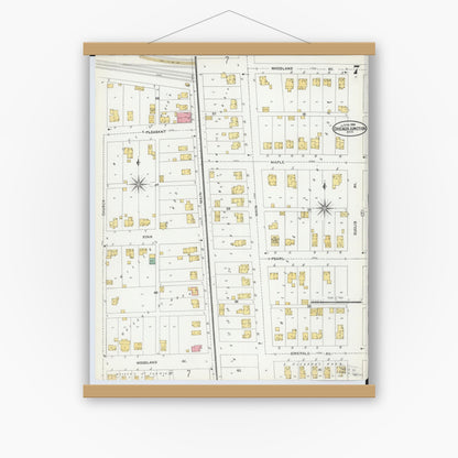 Old map wall art mockup — magnetic wood frame on white wall — Sanborn Fire Insurance Map from Chicago Junction, Huron County, Ohio (1904), Sheet #0007