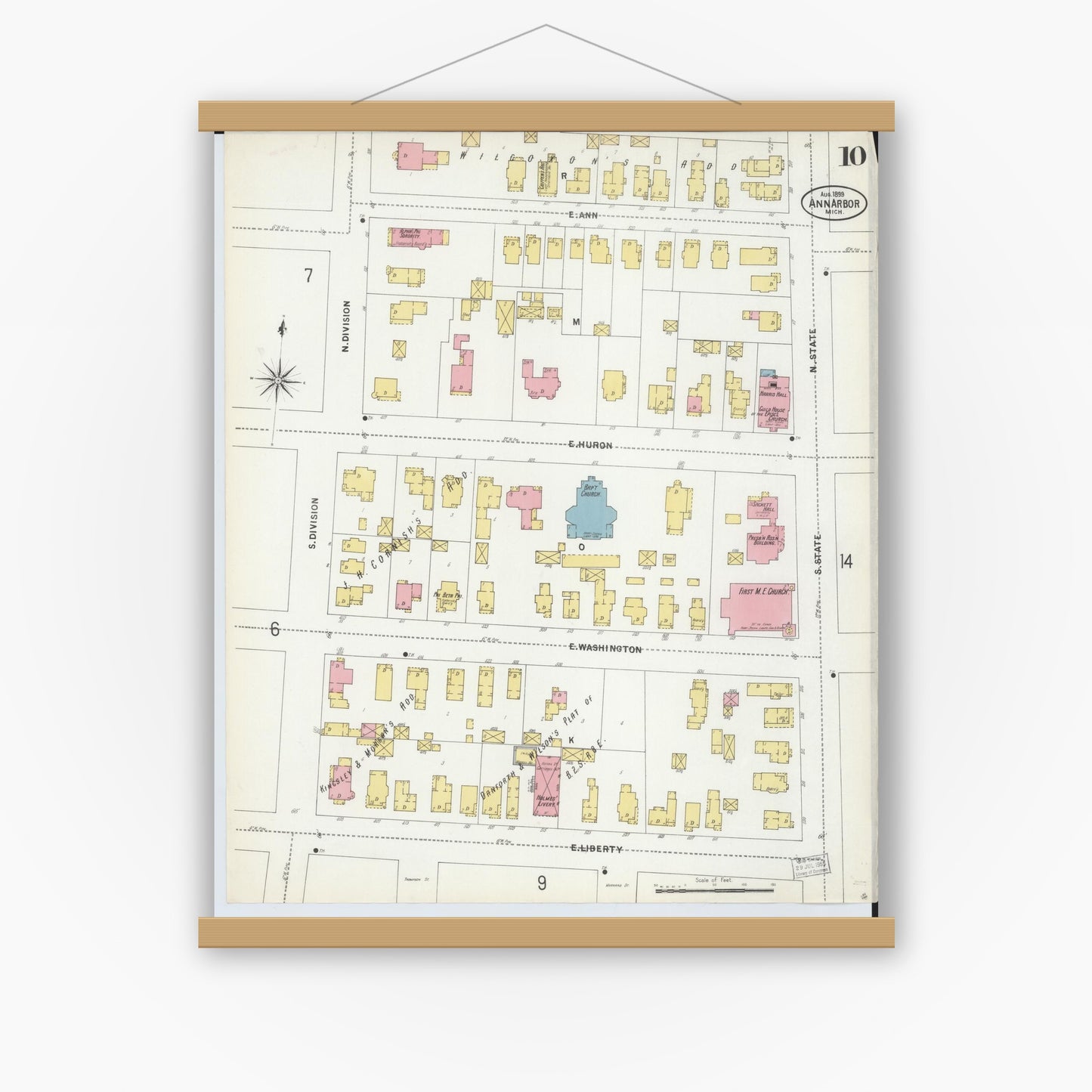 Old map wall art mockup — magnetic wood frame on white wall — Sanborn Fire Insurance Map from Ann Arbor, Washtenaw County, Michigan (1899), Sheet #0010