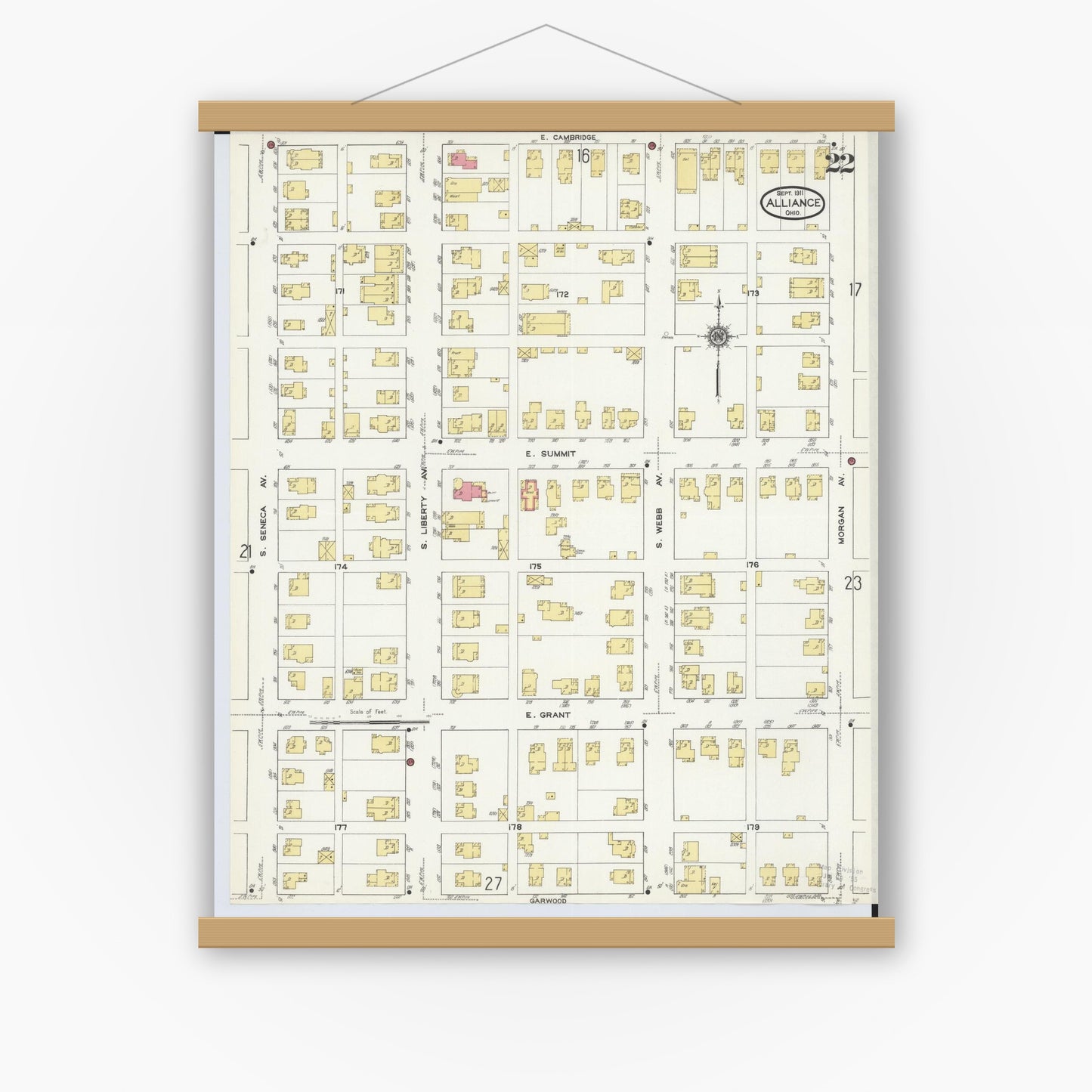 Old map wall art mockup — magnetic wood frame on white wall — Sanborn Fire Insurance Map from Alliance, Stark County, Ohio (1911), Sheet #0022