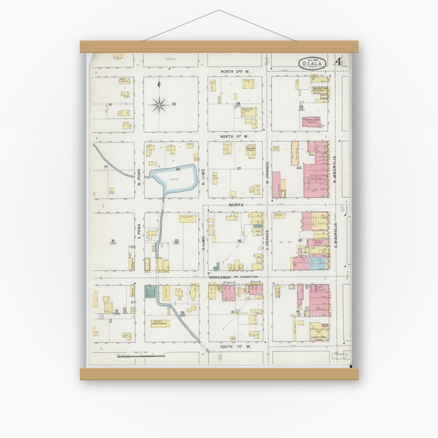 Old map wall art mockup — magnetic wood frame on white wall — Sanborn Fire Insurance Map from Ocala, Marion County, Florida (1895), Sheet #0004