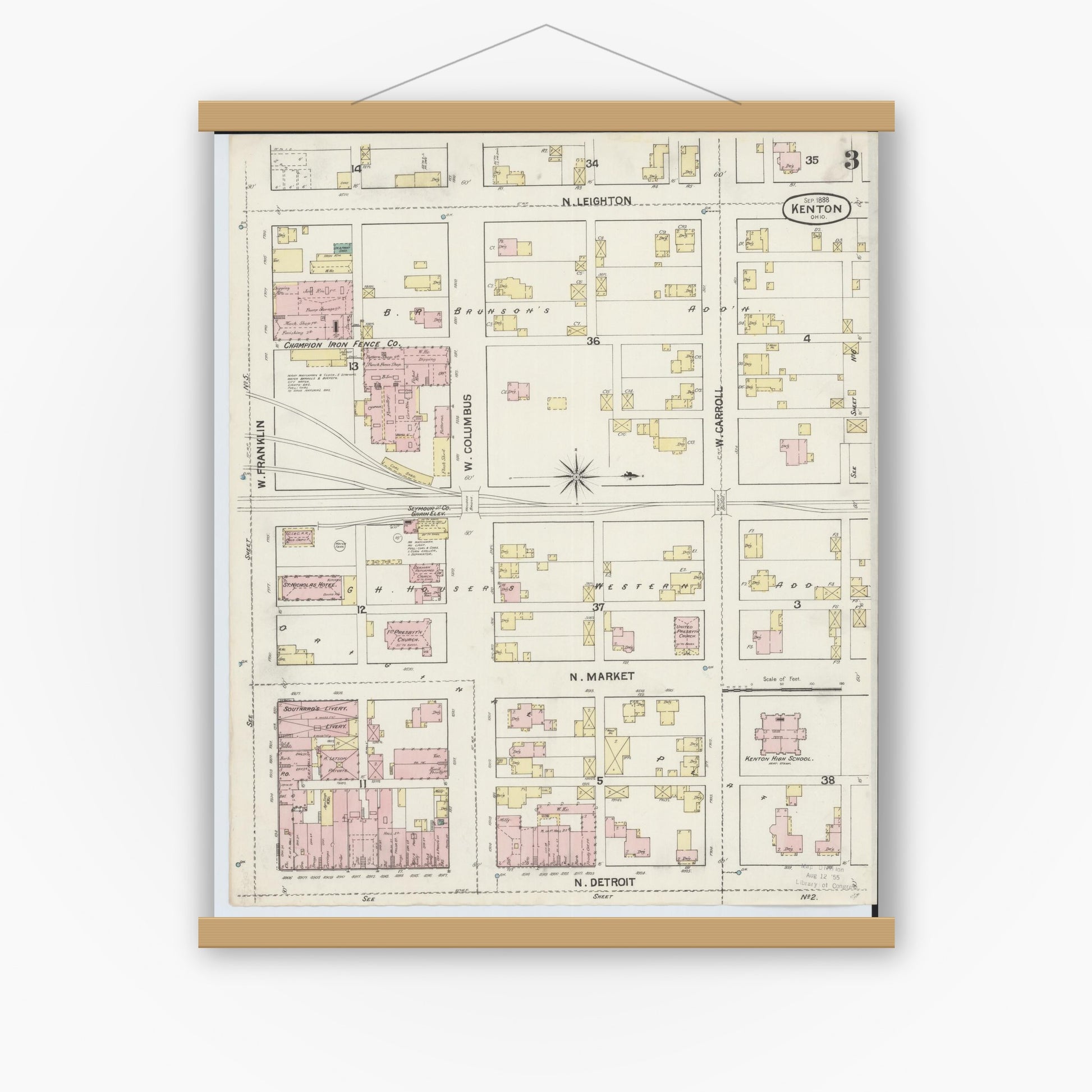 Old map wall art mockup — magnetic wood frame on white wall — Sanborn Fire Insurance Map from Kenton, Hardin County, Ohio (1888), Sheet #0003