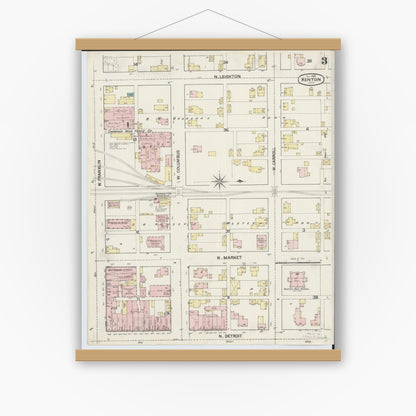 Old map wall art mockup — magnetic wood frame on white wall — Sanborn Fire Insurance Map from Kenton, Hardin County, Ohio (1888), Sheet #0003