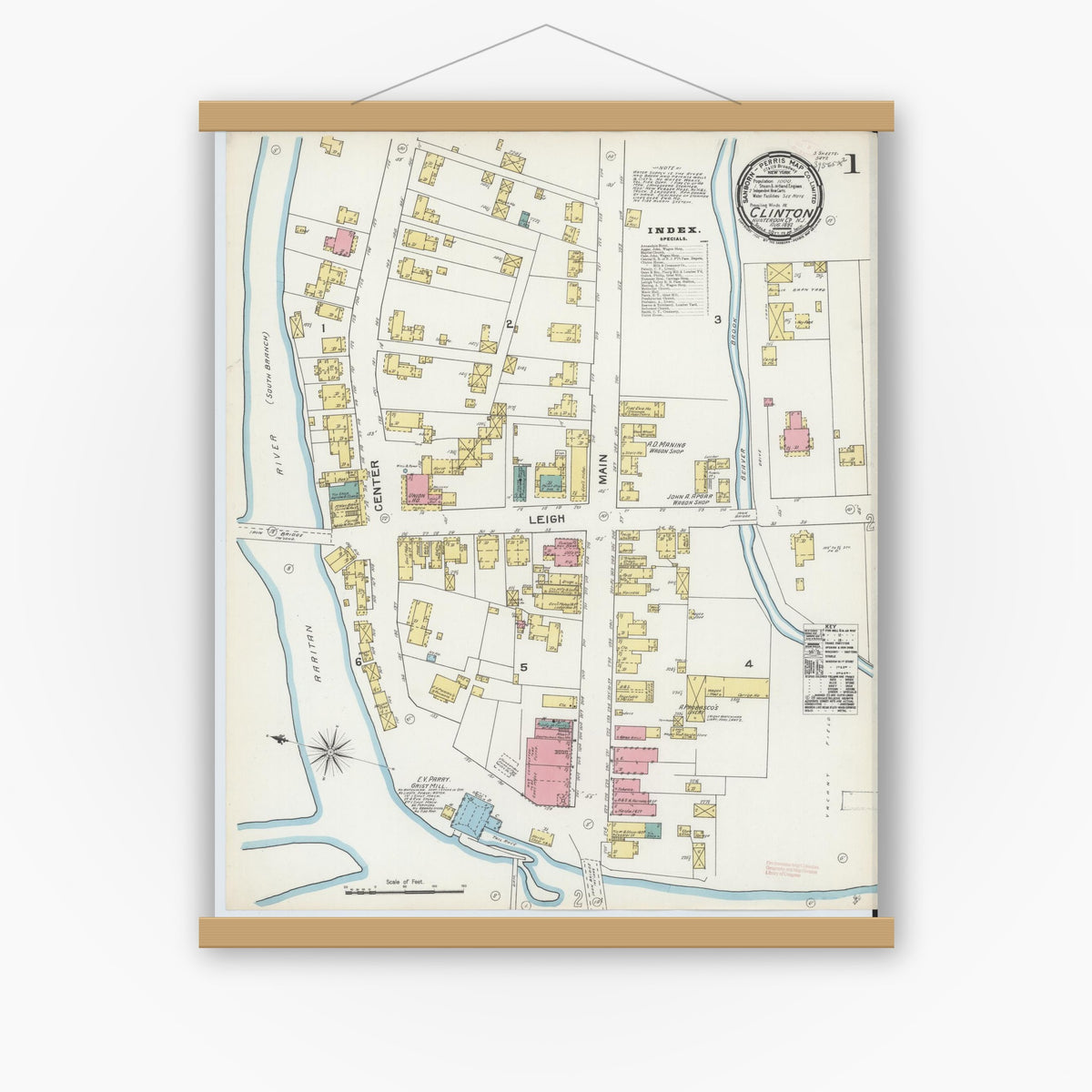 Old map wall art mockup — magnetic wood frame on white wall — Sanborn Fire Insurance Map from Clinton, Hunterdon County, New Jersey (1892) - Complete Map Set