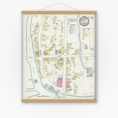 Old map wall art mockup — magnetic wood frame on white wall — Sanborn Fire Insurance Map from Clinton, Hunterdon County, New Jersey (1892) - Complete Map Set