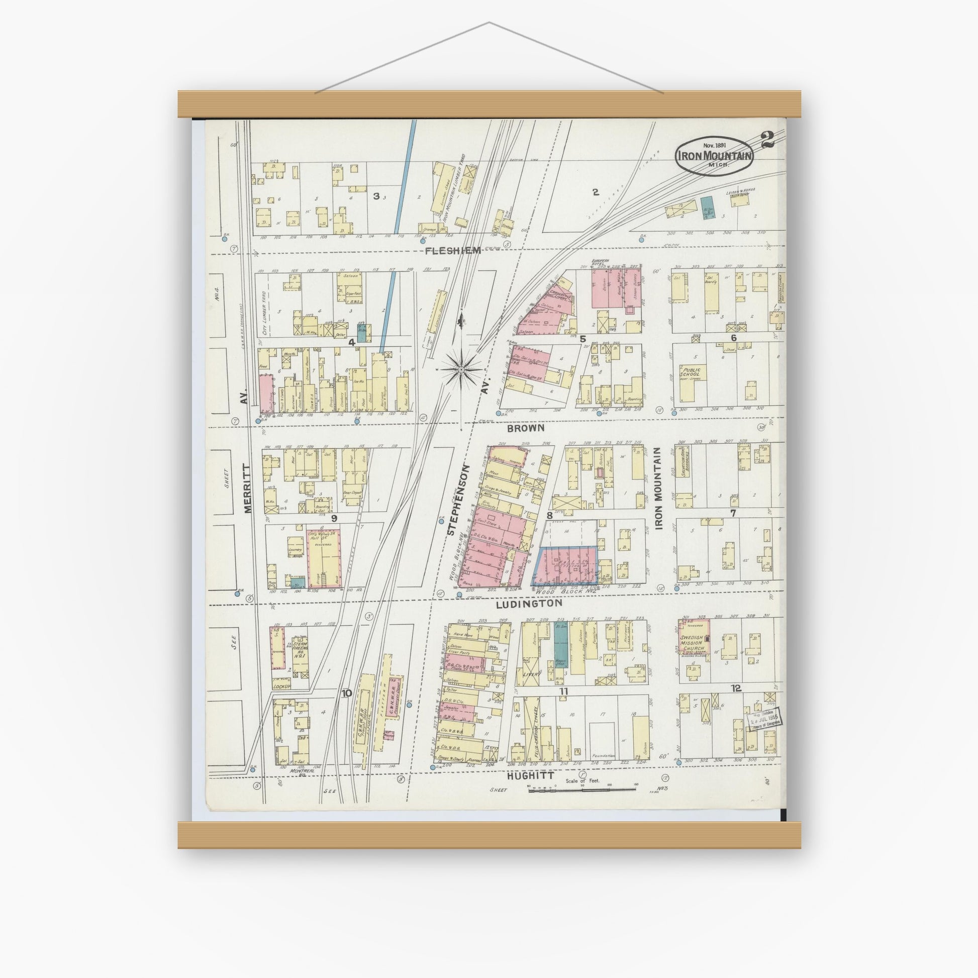 Old map wall art mockup — magnetic wood frame on white wall — Sanborn Fire Insurance Map from Iron Mountain, Dickinson County, Michigan (1891), Sheet #0002