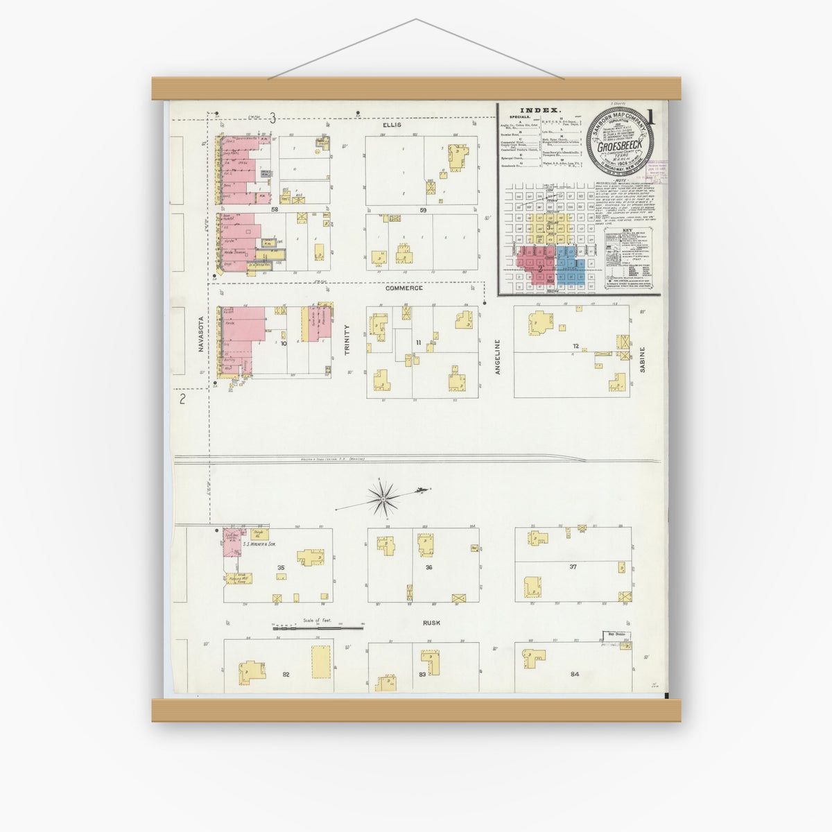 Old map wall art mockup — magnetic wood frame on white wall — Sanborn Fire Insurance Map from Groesbeck, Limestone County, Texas (1906), Sheet #0001