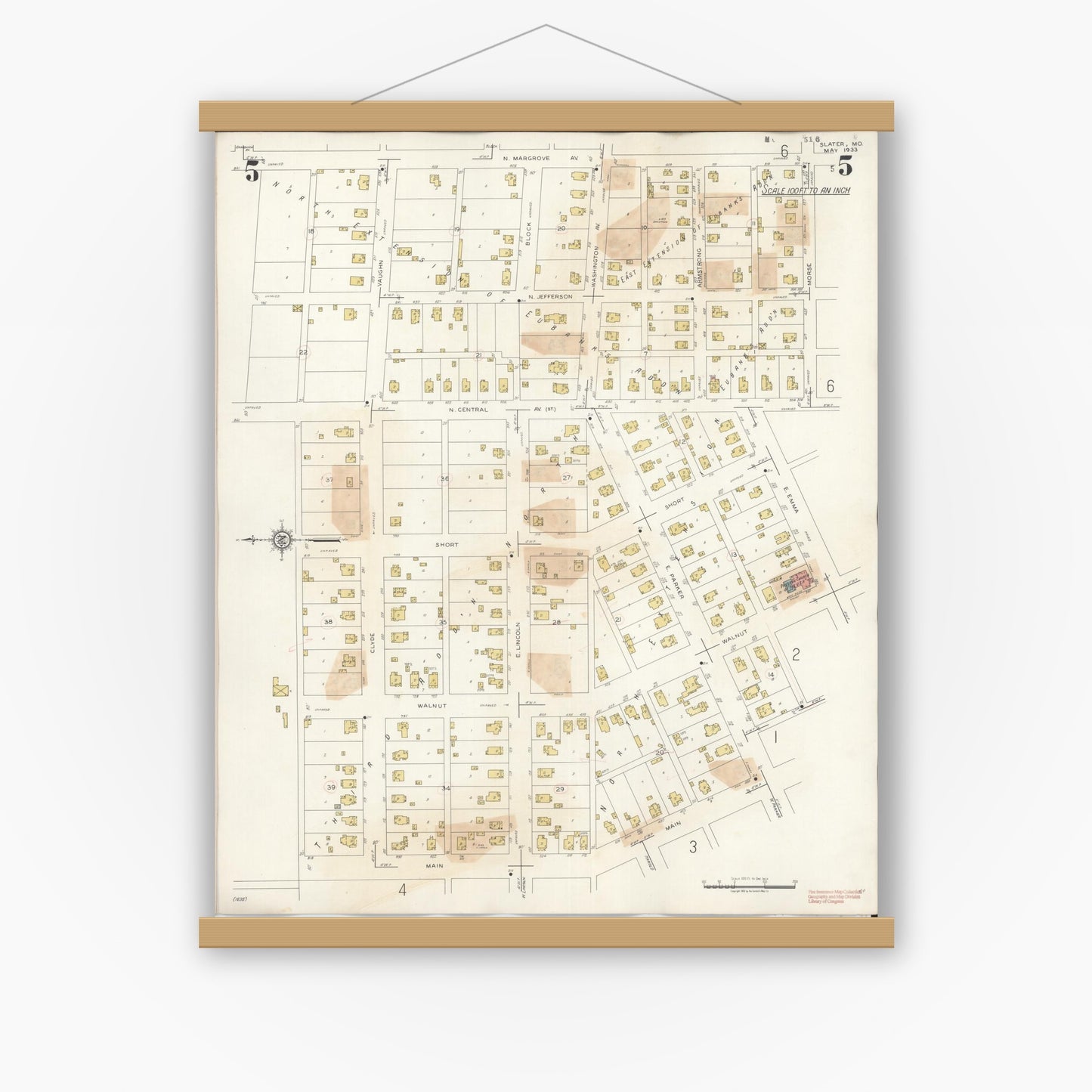 Old map wall art mockup — magnetic wood frame on white wall — Sanborn Fire Insurance Map from Slater, Saline County, Missouri (1944), Sheet #0005