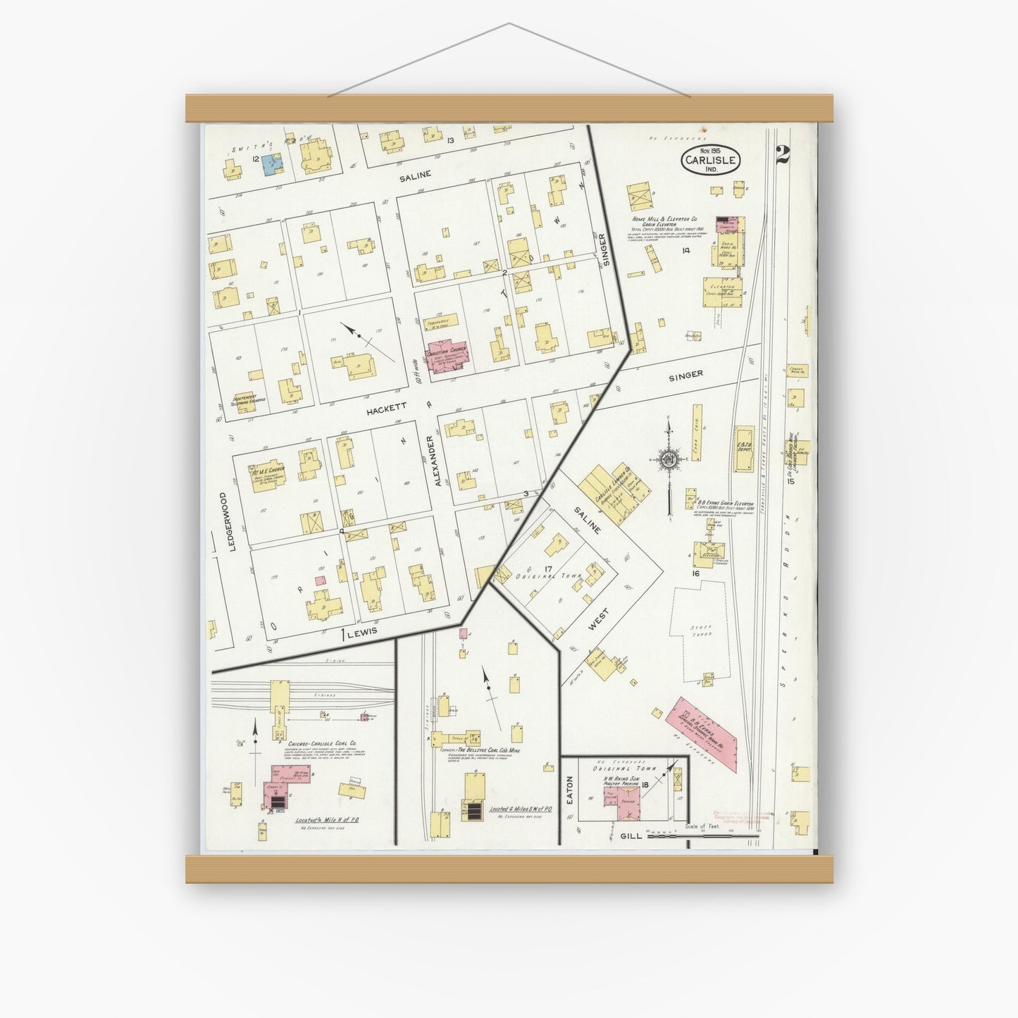 Old map wall art mockup — magnetic wood frame on white wall — Sanborn Fire Insurance Map from Carlisle, Sullivan County, Indiana (1915), Sheet #0002