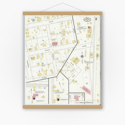 Old map wall art mockup — magnetic wood frame on white wall — Sanborn Fire Insurance Map from Carlisle, Sullivan County, Indiana (1915), Sheet #0002