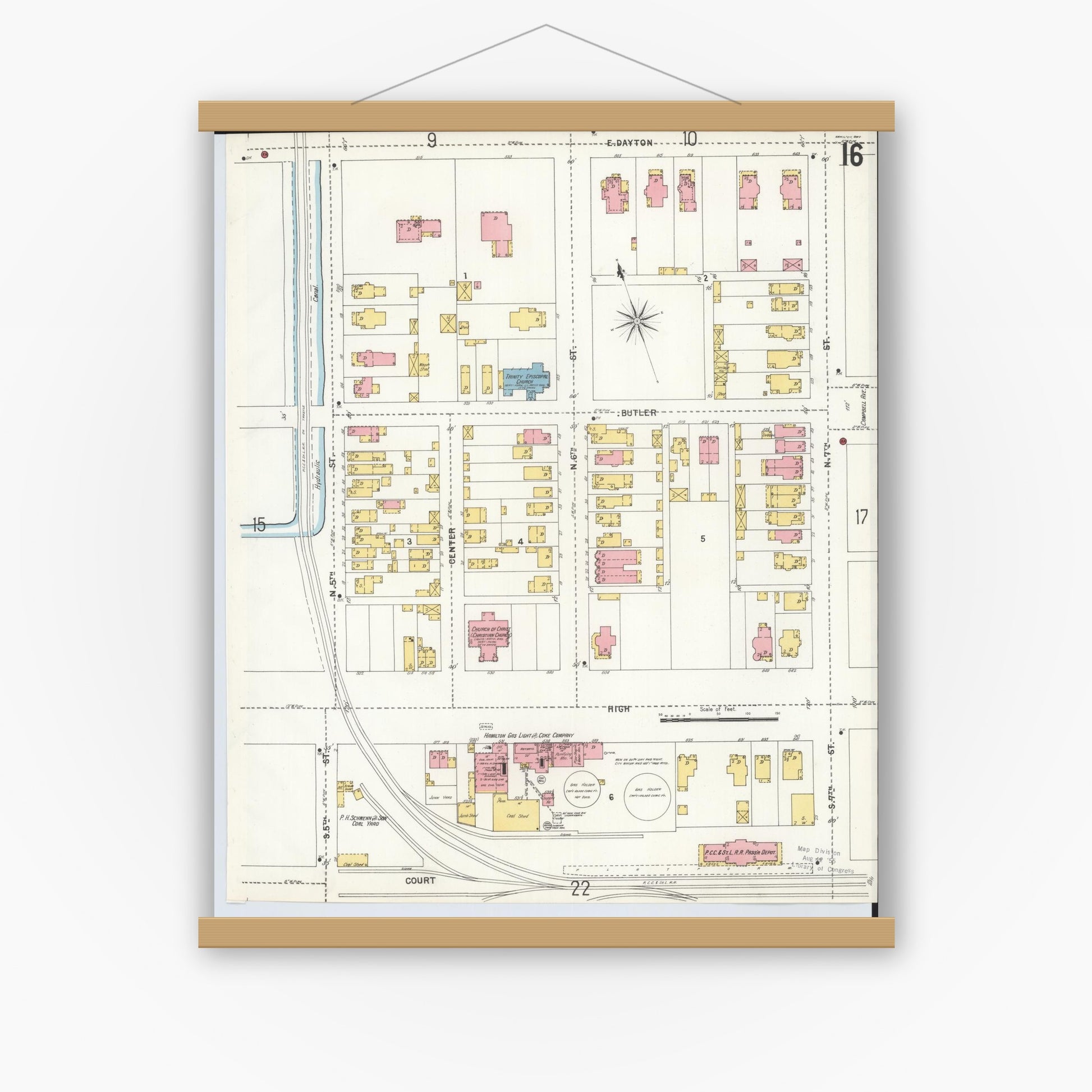 Old map wall art mockup — magnetic wood frame on white wall — Sanborn Fire Insurance Map from Hamilton, Butler County, Ohio (1899), Sheet #0016