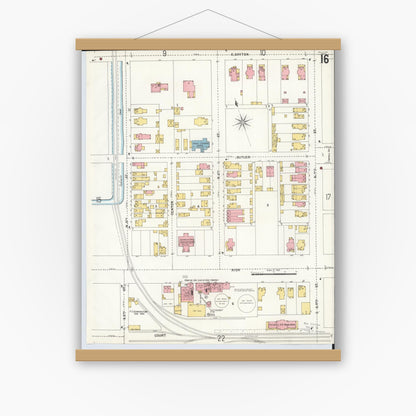 Old map wall art mockup — magnetic wood frame on white wall — Sanborn Fire Insurance Map from Hamilton, Butler County, Ohio (1899), Sheet #0016