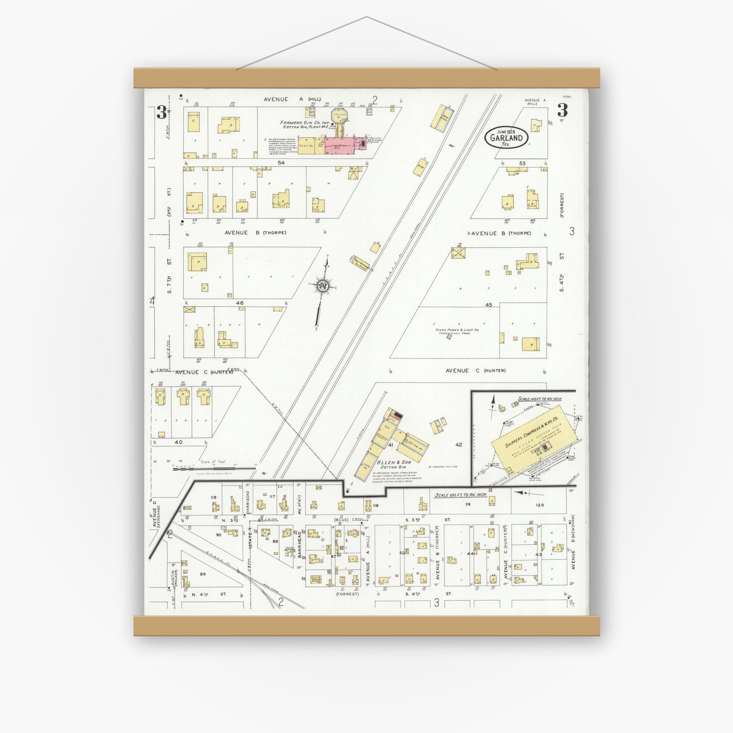Old map wall art mockup — magnetic wood frame on white wall — Sanborn Fire Insurance Map from Garland, Dallas County, Texas (1928), Sheet #0003