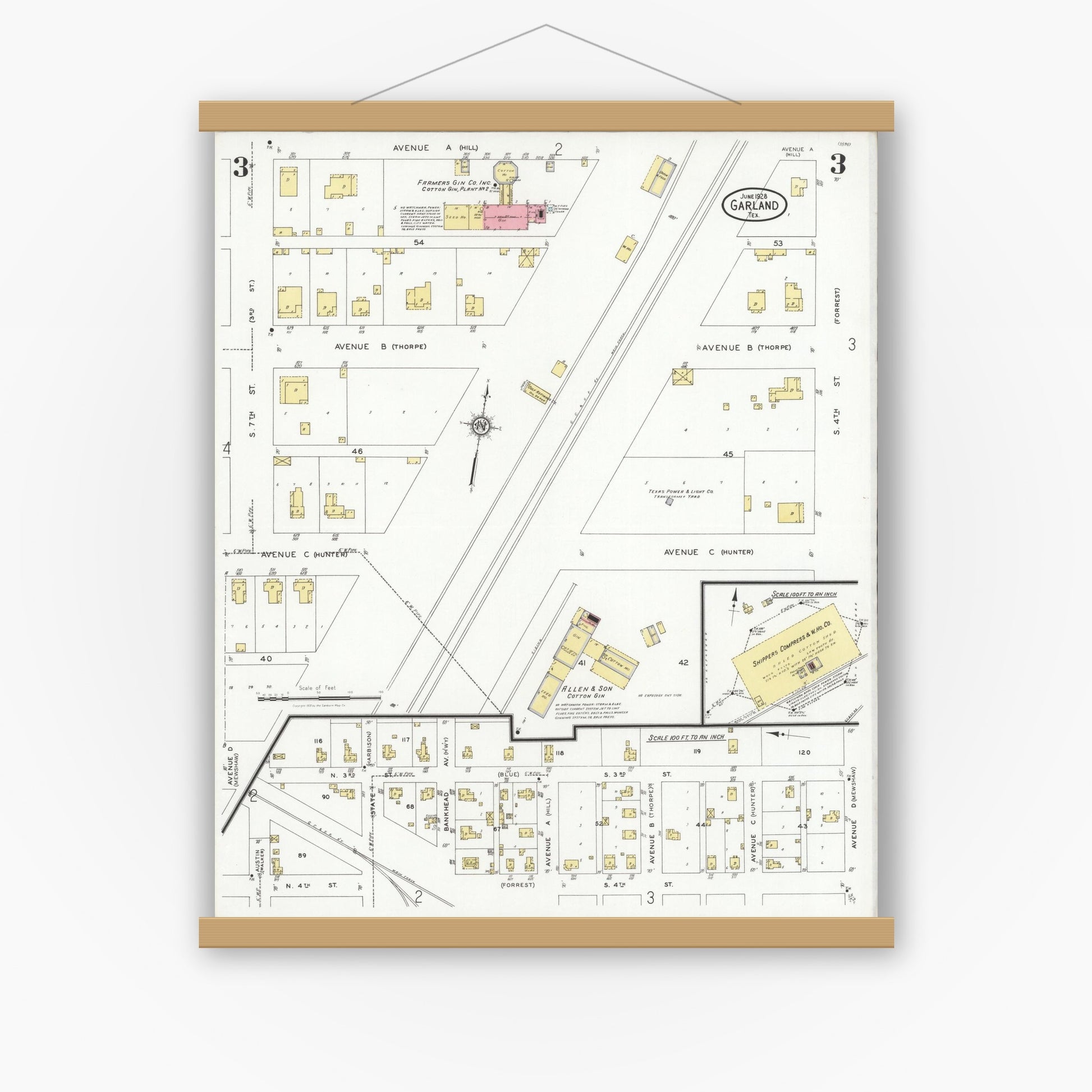 Old map wall art mockup — magnetic wood frame on white wall — Sanborn Fire Insurance Map from Garland, Dallas County, Texas (1928), Sheet #0003