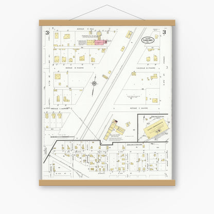 Old map wall art mockup — magnetic wood frame on white wall — Sanborn Fire Insurance Map from Garland, Dallas County, Texas (1928), Sheet #0003