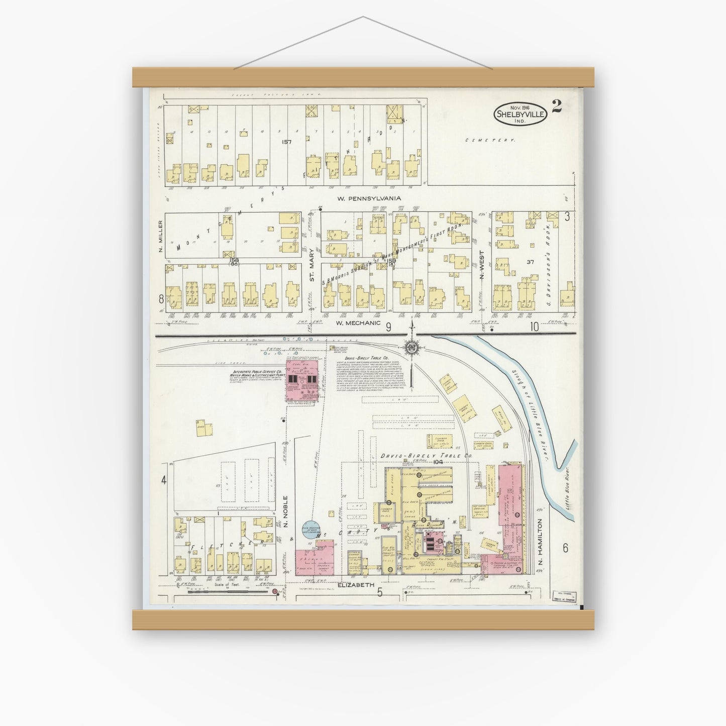 Old map wall art mockup — magnetic wood frame on white wall — Sanborn Fire Insurance Map from Shelbyville, Shelby County, Indiana (1916), Sheet #0002
