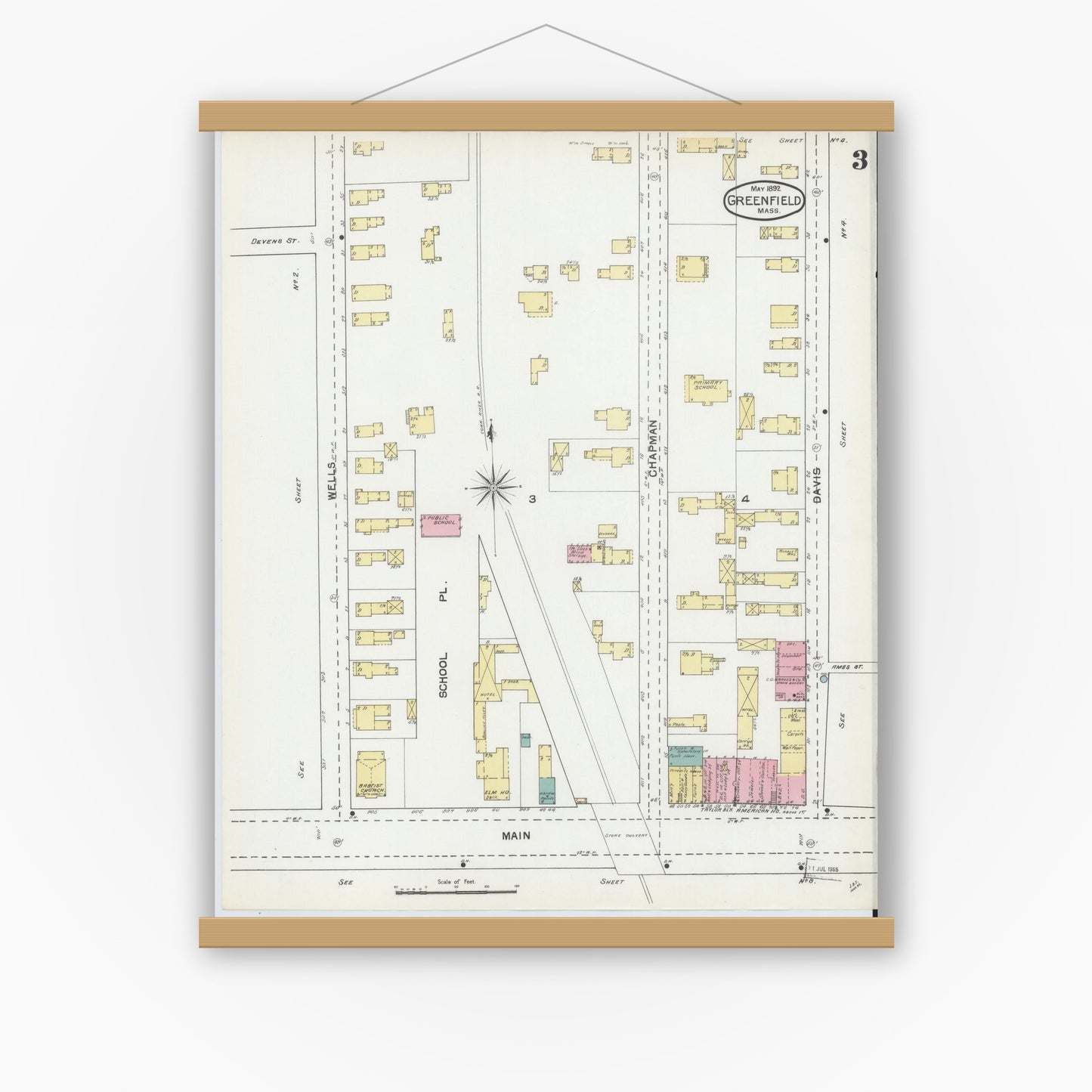 Old map wall art mockup — magnetic wood frame on white wall — Sanborn Fire Insurance Map from Greenfield, Franklin County, Massachusetts (1892), Sheet #0003