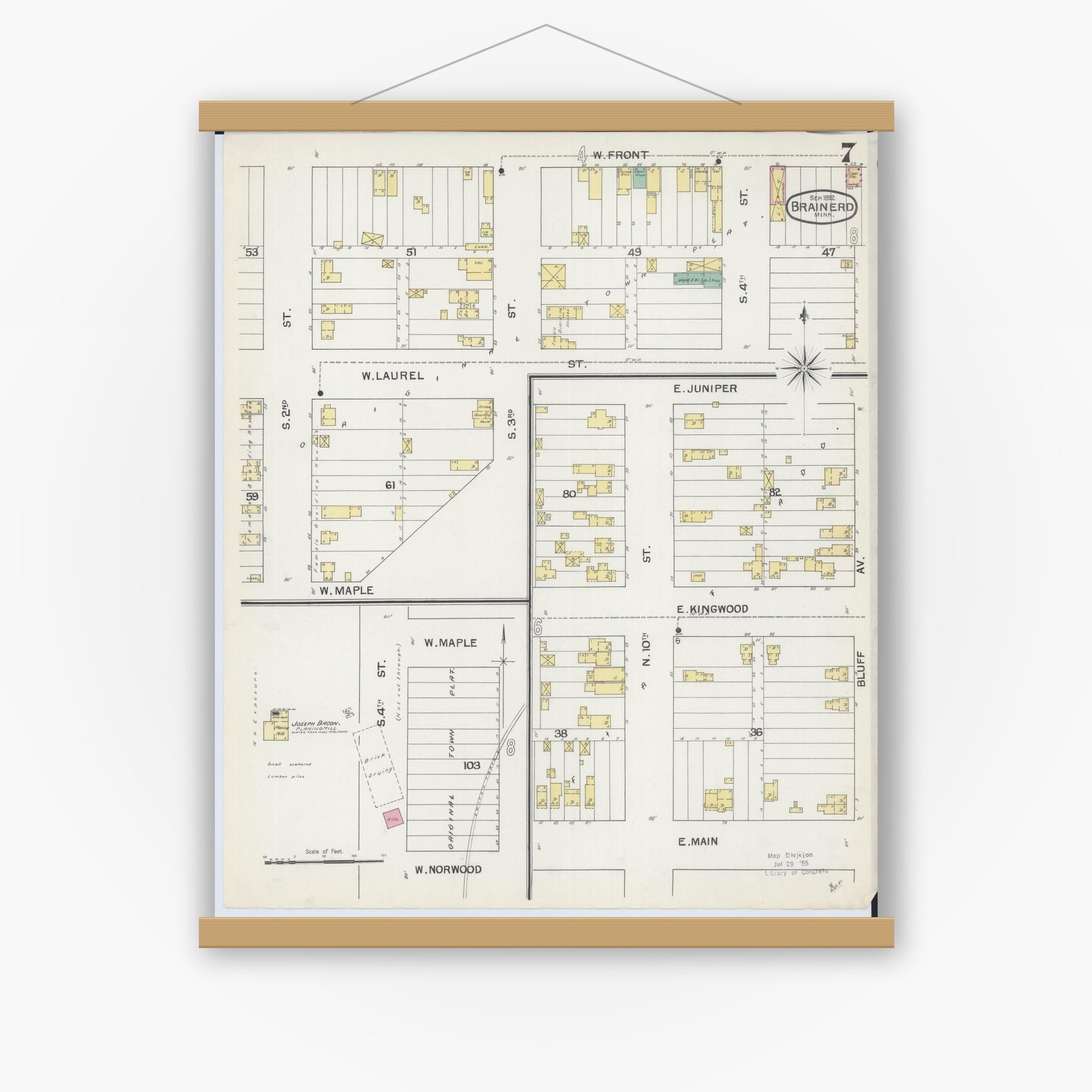 Old map wall art mockup — magnetic wood frame on white wall — Sanborn Fire Insurance Map from Brainerd, Crow Wing County, Minnesota (1892), Sheet #0007