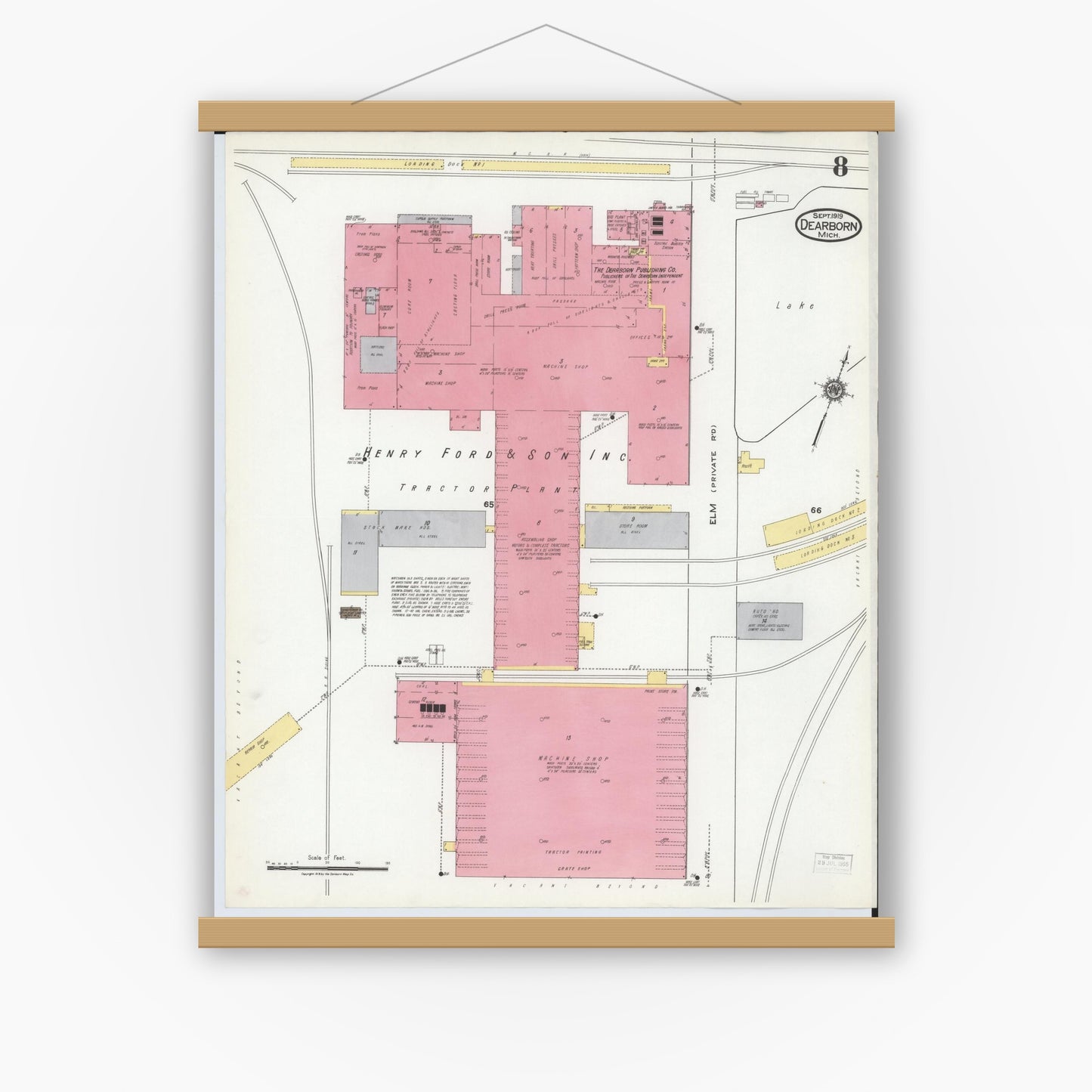 Old map wall art mockup — magnetic wood frame on white wall — Sanborn Fire Insurance Map from Dearborn, Wayne County, Michigan (1919), Sheet #0008