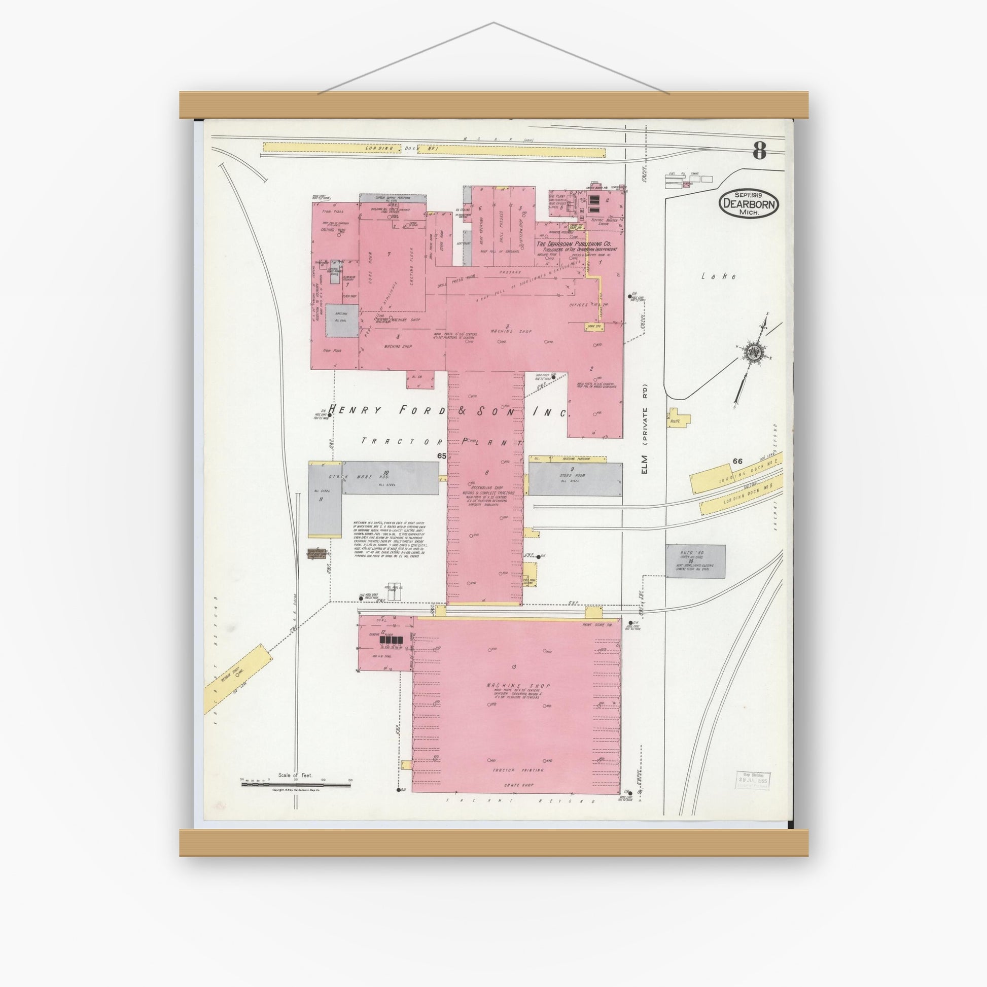 Old map wall art mockup — magnetic wood frame on white wall — Sanborn Fire Insurance Map from Dearborn, Wayne County, Michigan (1919), Sheet #0008