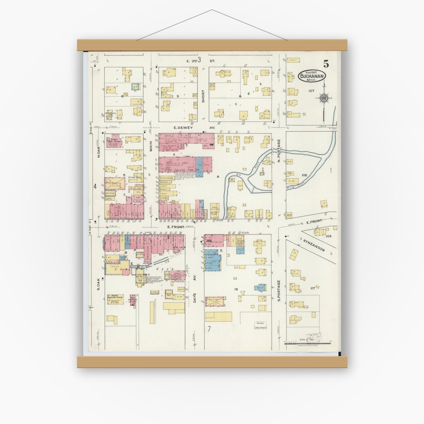 Old map wall art mockup — magnetic wood frame on white wall — Sanborn Fire Insurance Map from Buchanan, Berrien County, Michigan (1917), Sheet #0005