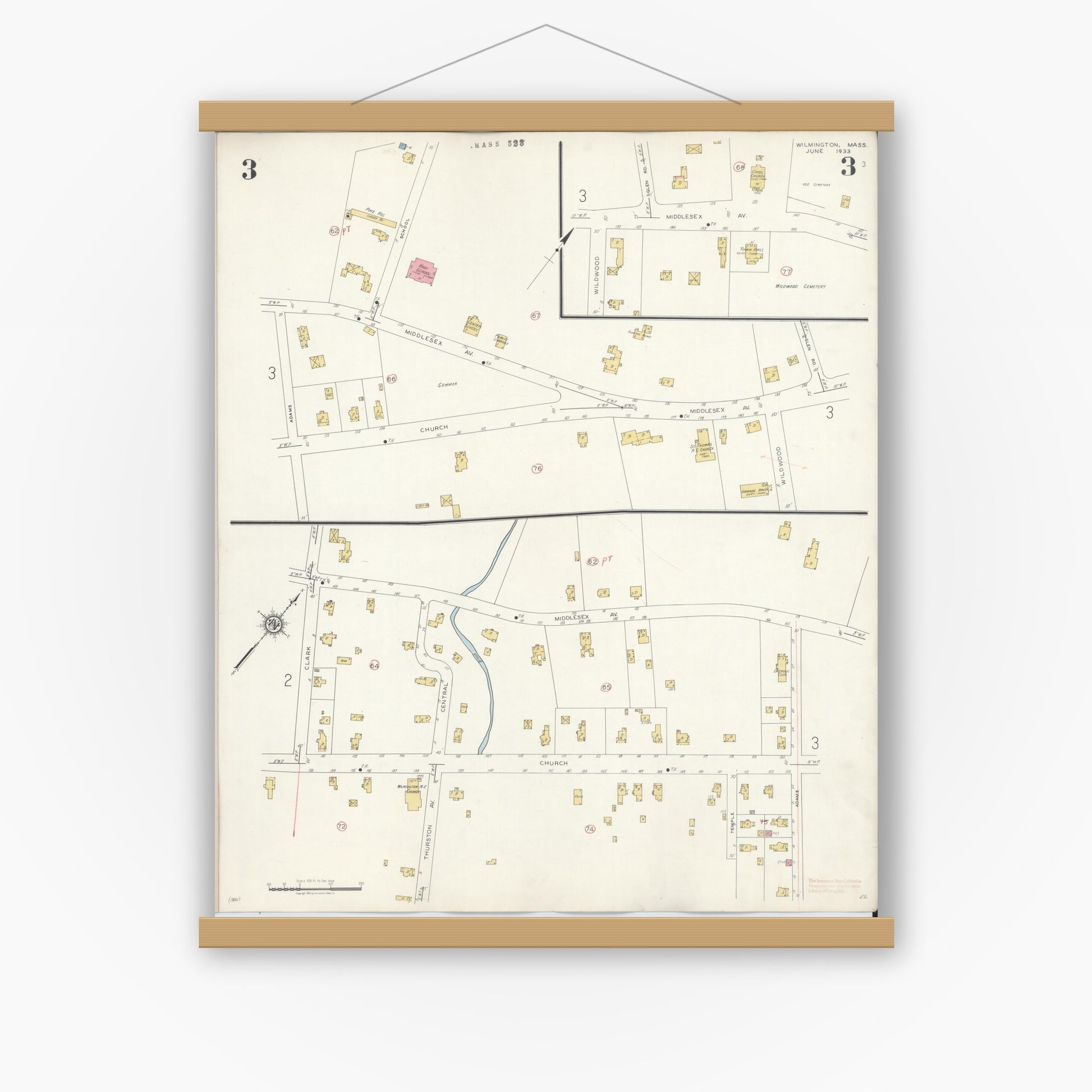 Old map wall art mockup — magnetic wood frame on white wall — Sanborn Fire Insurance Map from Wilmington, Middlesex County, Massachusetts (1933), Sheet #0003