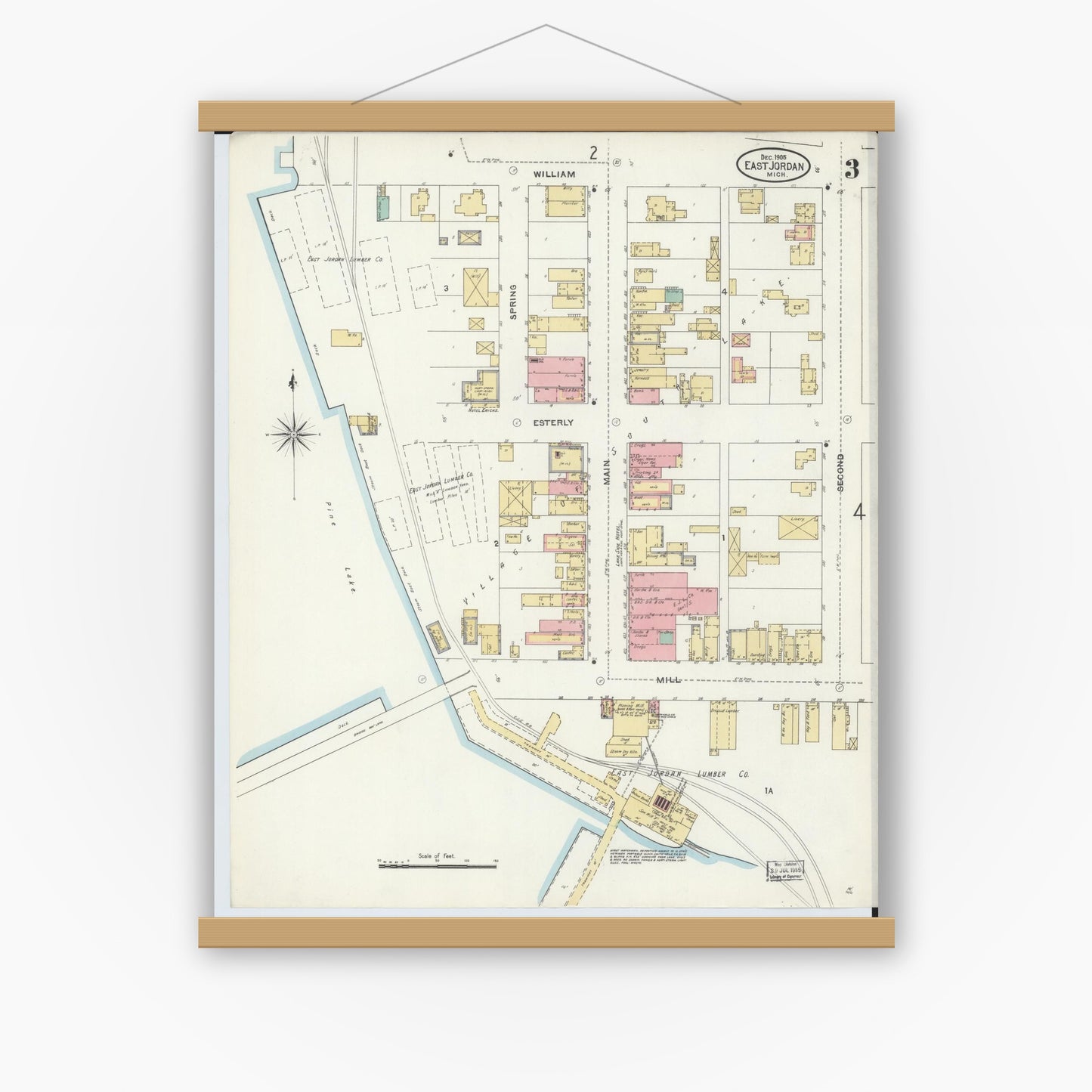 Old map wall art mockup — magnetic wood frame on white wall — Sanborn Fire Insurance Map from East Jordan, Charlevoix County, Michigan (1905), Sheet #0003