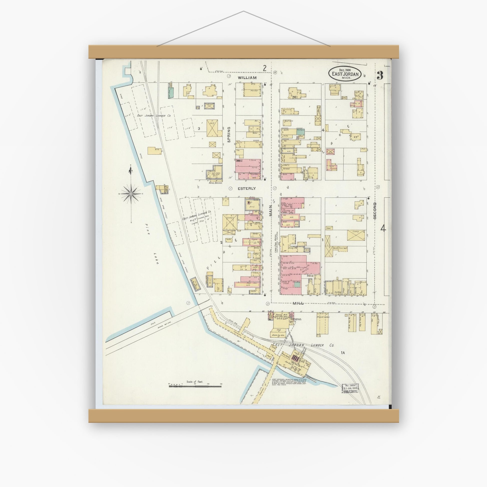 Old map wall art mockup — magnetic wood frame on white wall — Sanborn Fire Insurance Map from East Jordan, Charlevoix County, Michigan (1905), Sheet #0003