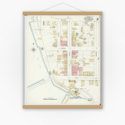 Old map wall art mockup — magnetic wood frame on white wall — Sanborn Fire Insurance Map from East Jordan, Charlevoix County, Michigan (1905), Sheet #0003