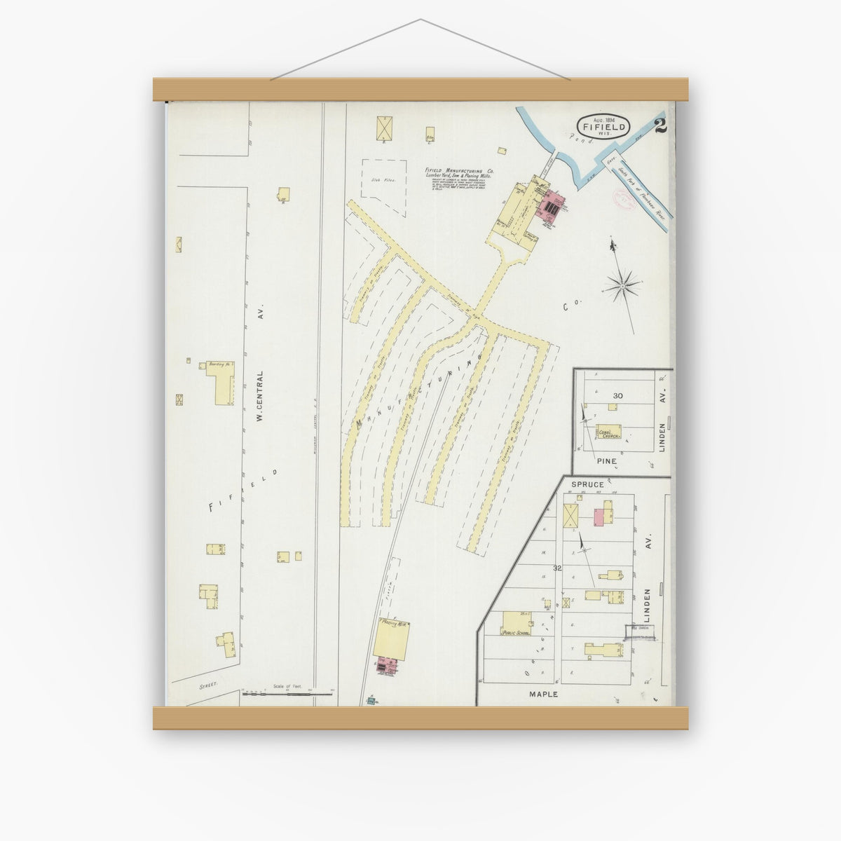 Old map wall art mockup — magnetic wood frame on white wall — Sanborn Fire Insurance Map from Fifield, Price County, Wisconsin (1894), Sheet #0002