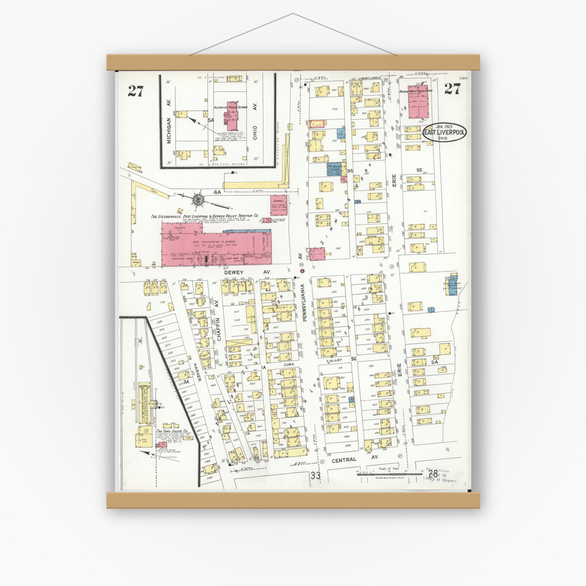 Old map wall art mockup — magnetic wood frame on white wall — Sanborn Fire Insurance Map from East Liverpool, Columbiana County, Ohio (1923), Sheet #0027