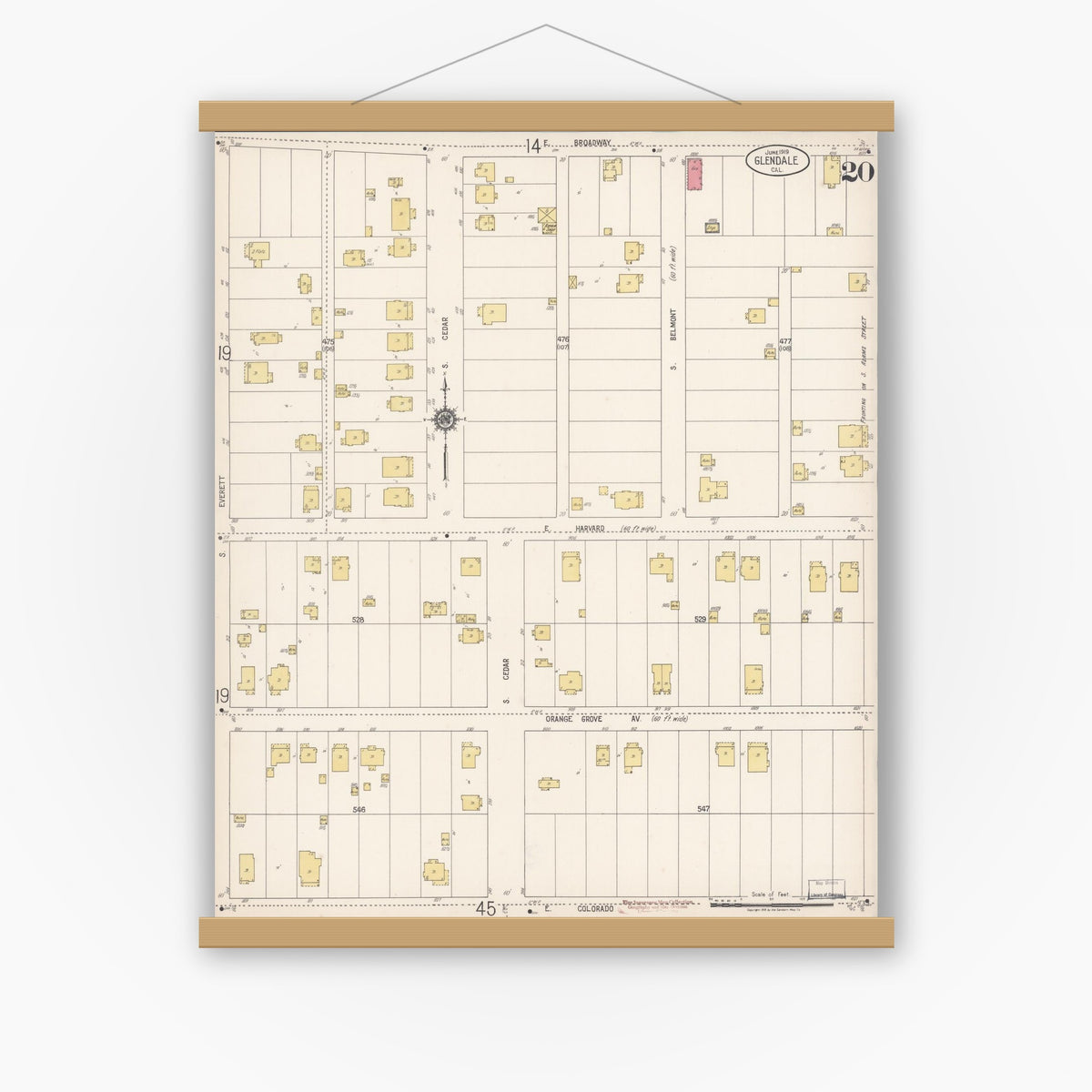 Old map wall art mockup — magnetic wood frame on white wall — Sanborn Fire Insurance Map from Glendale, Los Angeles County, California (1919), Sheet #0020
