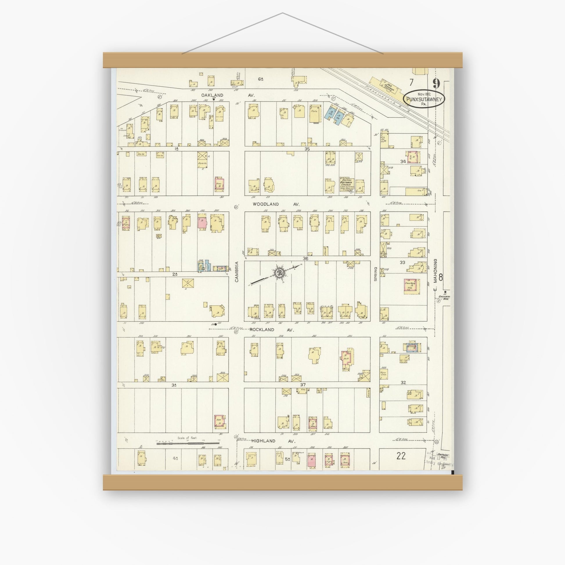 Old map wall art mockup — magnetic wood frame on white wall — Sanborn Fire Insurance Map from Punxsutawney, Jefferson County, Pennsylvania (1912), Sheet #0009