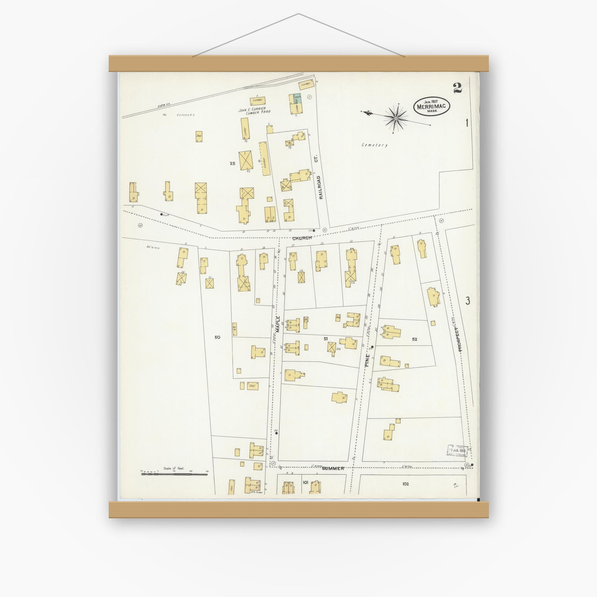 Old map wall art mockup — magnetic wood frame on white wall — Sanborn Fire Insurance Map from Merrimac, Essex County, Massachusetts (1907), Sheet #0002