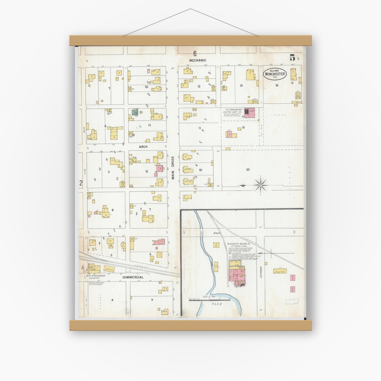 Old map wall art mockup — magnetic wood frame on white wall — Sanborn Fire Insurance Map from Winchester, Scott County, Illinois (1900), Sheet #0005