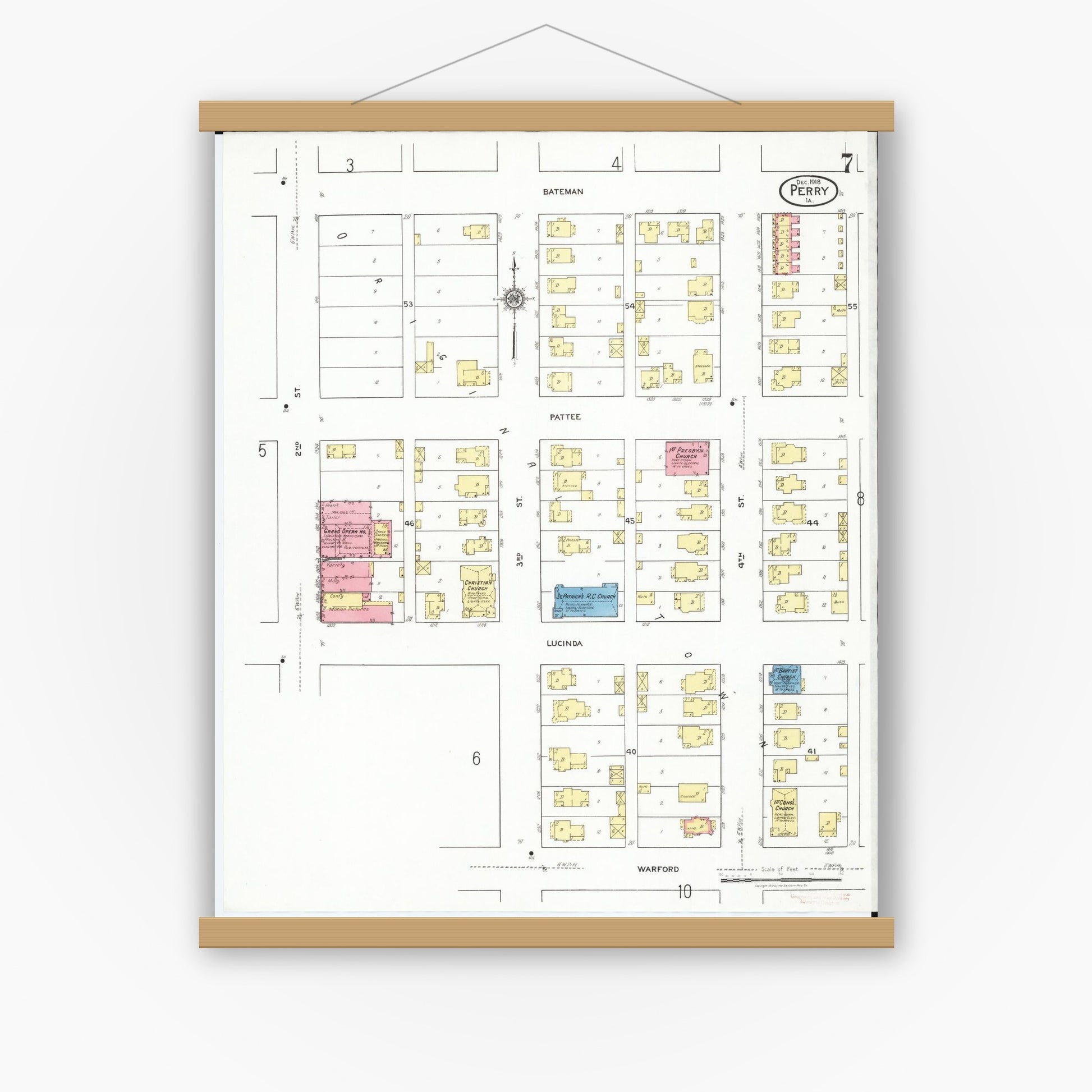 Old map wall art mockup — magnetic wood frame on white wall — Sanborn Fire Insurance Map from Perry, Dallas County, Iowa (1918), Sheet #0007