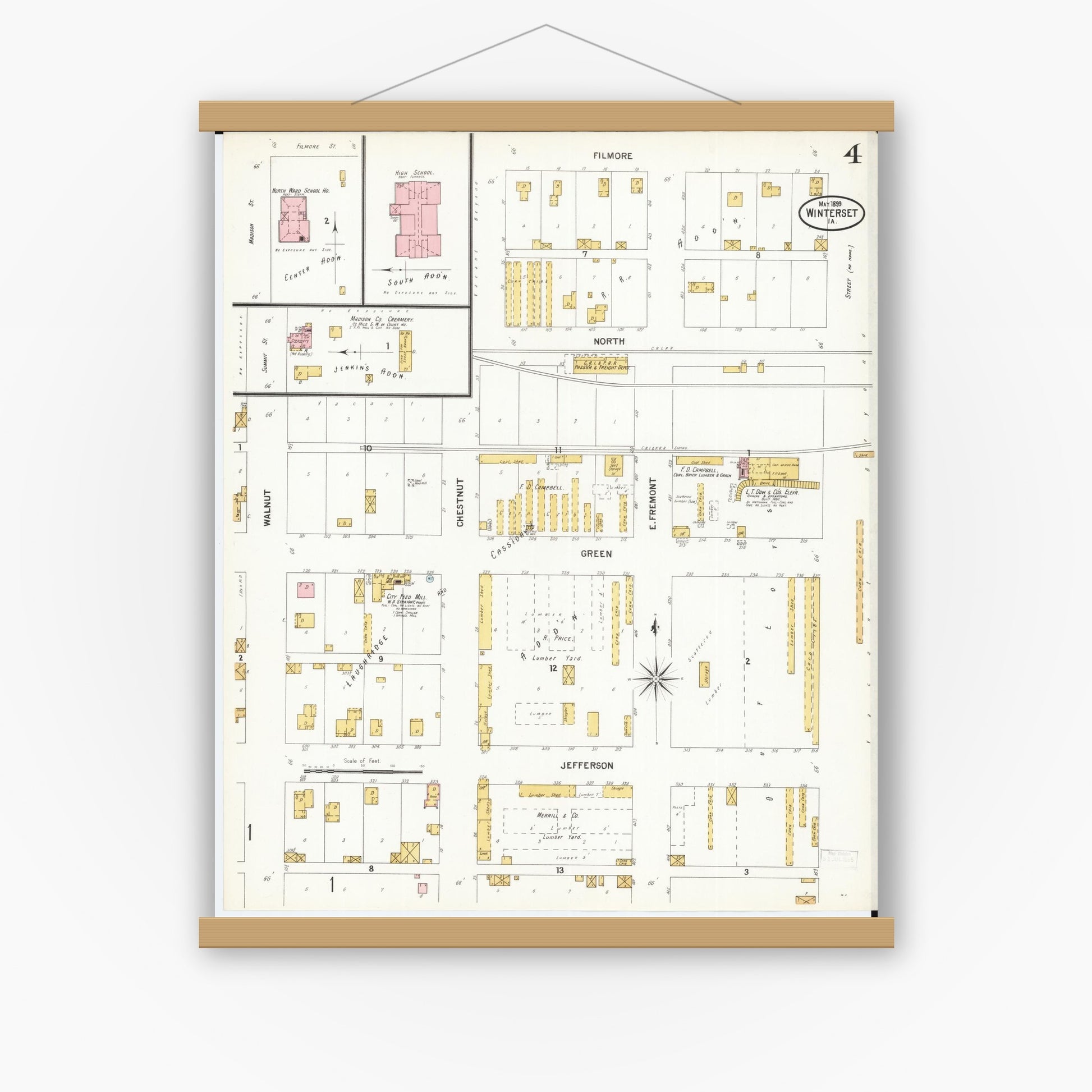 Old map wall art mockup — magnetic wood frame on white wall — Sanborn Fire Insurance Map from Winterset, Madison County, Iowa (1899), Sheet #0004