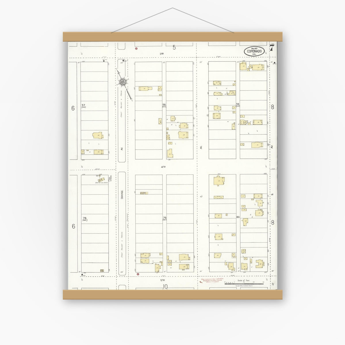 Old map wall art mockup — magnetic wood frame on white wall — Sanborn Fire Insurance Map from Coronado, San Diego County, California (1921), Sheet #0007
