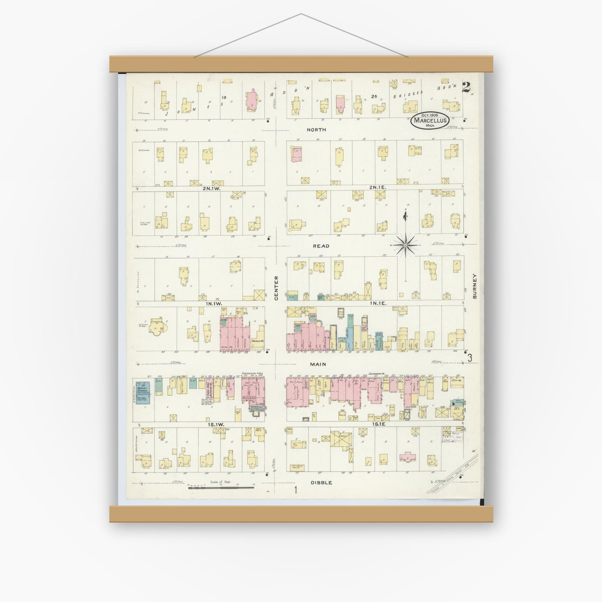 Old map wall art mockup — magnetic wood frame on white wall — Sanborn Fire Insurance Map from Marcellus, Cass County, Michigan (1908), Sheet #0002