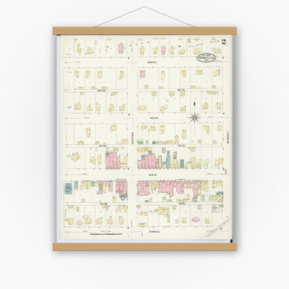 Old map wall art mockup — magnetic wood frame on white wall — Sanborn Fire Insurance Map from Marcellus, Cass County, Michigan (1908), Sheet #0002