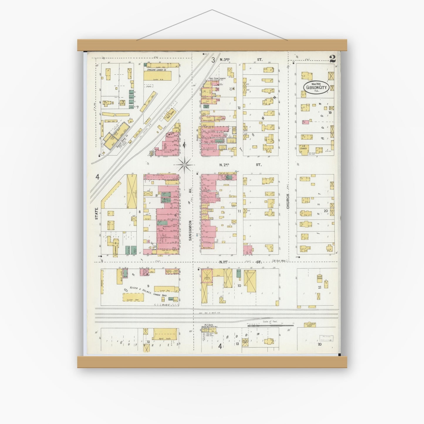 Old map wall art mockup — magnetic wood frame on white wall — Sanborn Fire Insurance Map from Gibson City, Ford County, Illinois (1900), Sheet #0002