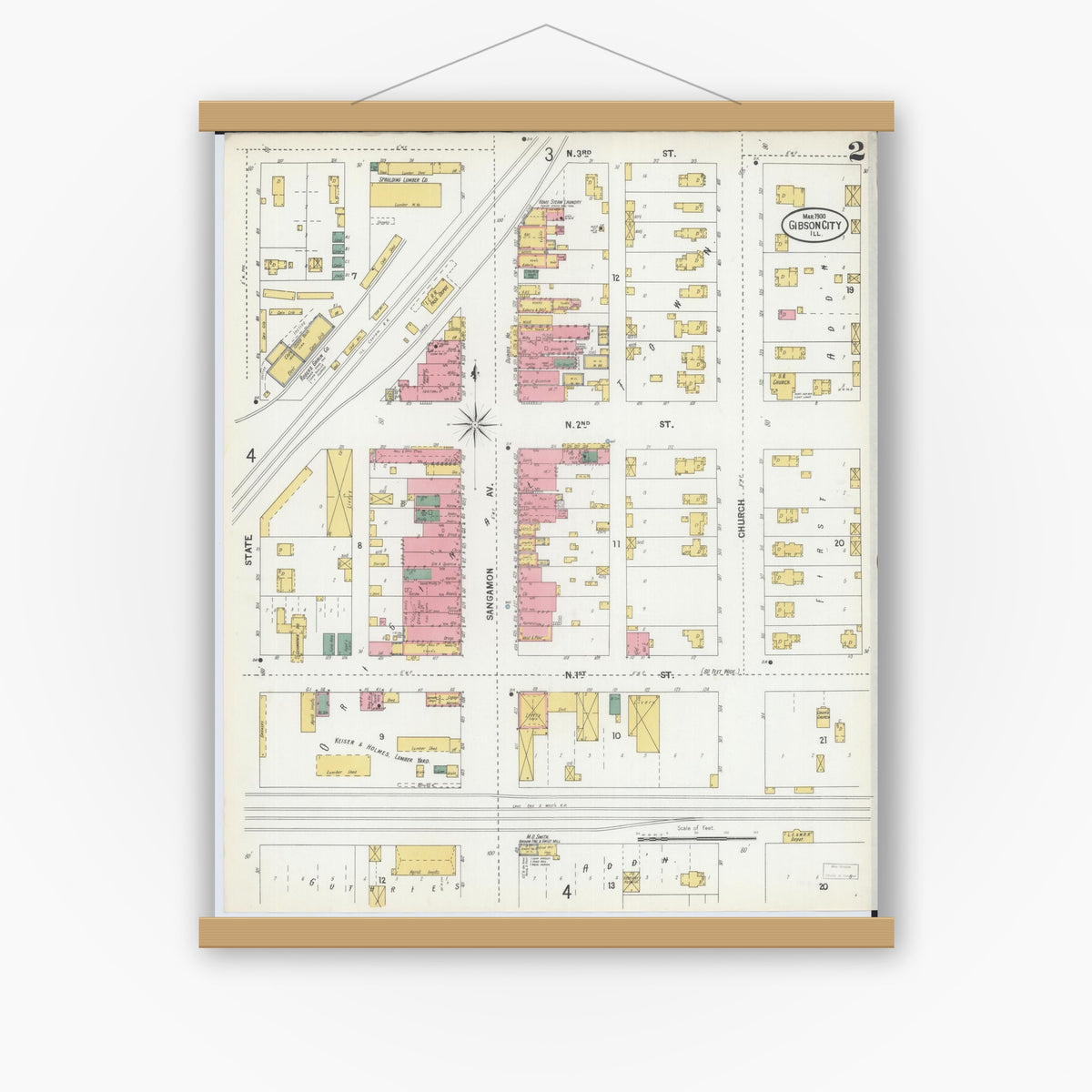 Old map wall art mockup — magnetic wood frame on white wall — Sanborn Fire Insurance Map from Gibson City, Ford County, Illinois (1900), Sheet #0002